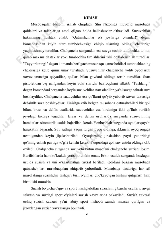 an musobaqa qatnashchilari bir qo'l bilan, brass va delfin usullarida suzuvchilar esa birdaniga ikki qo'llab burilish joyidagi taxtaga tegadilar. brass va delfin usullarida suzganda suzuvchining harakatlari simmetrik usulda bajarilishi kerak. yonboshlab suzganda oyoqlar qaychi harakatini bajaradi: suv sathiga yaqin turgan oyoq oldinga, ikkinchi oyoq orqaga uzatilgandan keyin jipslashtiriladi. oyoqlarning jipslashish payti yuqoridagi qo'lning eshish paytiga to'g'ri kelishi kerak. yuqoridagi qo'l suv ustida oldinga olib o'tiladi. chalqancha suzganda suzuvchi butun masofani chalqancha suzishi lozim. burilishlarda ham ko'krakda yotish mumkin emas. erkin usulda suzganda hoxlagan usulda suzish va uni o'zgartirishga ruxsat beriladi. qoidani buzgan musobaqa qatnashchilari musobaqadan chiqarib yuboriladi. musobaqa dasturiga har xil masofalarga suzishdan tashqari turli o'yinlar, cho'kayotgan kishini qutqarish ham kiritilishi mumkin. suzish bo'yicha o'quv va sport mashg'ulotlari suzishning barcha usullari, suvga sakrash va suvdagi sport o'yinlari suzish xavzalarida o'tkaziladi. suzish xavzasi ochiq suzish xavzasi ya'ni tabiiy sport inshooti xamda maxsus qurilgan va jixozlangan suzish xavzalariga bo'linadi. umumta'lim maktablarida jismoniy …