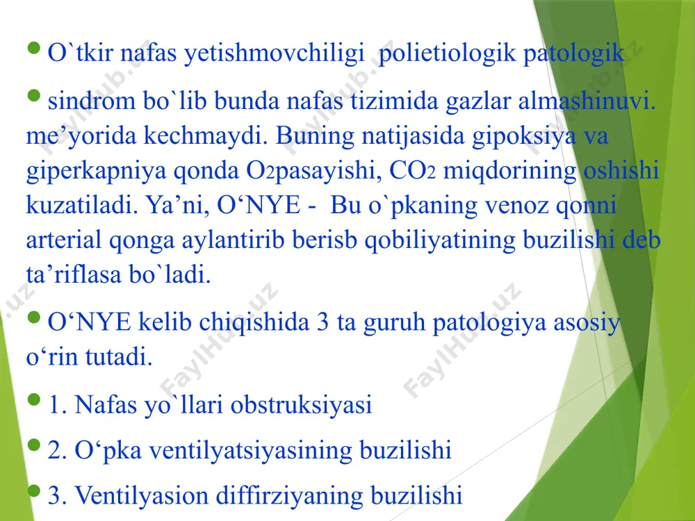 3. asab-mushak tizimi bilan bog`liq sabablar: miasteniya, qoqshol, botulizm, periferik nevrit, tarqoq skleroz. 4. ko‘krak qafasi va plevra bilan bog‘liq sabablar: qovurg‘alar aro mushaklar distrofiyasi, yog‘ bosish, kifoskolioz, ko‘krak qafasi jarohati. 5. nafas yo‘ilari va alveolalar bilan bog‘liq sabablar: hushsiz holatdagi obstruktiv apnoe, tovitsh boylamlari falaji, bronxial astma, bronxoobstruktiv sindrom, massiv pnevmoniya, respirator distress sindrom. 6. yurak qontomir tizimi bilan bog‘liq sabablar:« o‘pkaning kadiogen shishi; (o`pka shishi ) * o‘pka arteriyasining emboliyasi.( tela) 7. boshqa turli sabablar: « yog‘ emboliyalari; * ilon chaqishi; * stranrangulyasion asfiksiya patogenetik klassifikatsiyasi nafas yetishmovchilining patogenezi bo‘yicha 2 ta asosiy guruhga bo`linishi mumkin: 1-guruh: aynan boshqa mexanizmlar zararlanishi natijasida nafas markaziy boshqarilishini buziiishi, mushaklar jarohatlanishi; qon tizimi kasalliklari; qon aylanish tizimi buziiishi; 2-guruh: o`pka mexanizmlari zararlanishi natijasida markaziy va periferik nafas yo`llarining obstruksiyasi; o‘pka kapillyarlarining zararlanishi; o‘pka to‘qimasining kamayishi; alveolalar restriksiyasi- alveolo-kapillyar membranani qalinlashishi oqibatida alveolalar ochilishini chegaralanganligi (interstitsial shish, plevrit, pnevmotoraks, gemotoraks va boshq) …