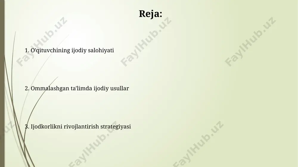 ag'batlantirish o'zbekistonning 12 ta viloyatida o'tkazilgan tadqiqotlar shuni ko'rsatdiki, o'qituvchilarning 70% i ijodkorlikni rag'batlantirish uchun qo'shimcha o'quv materiallaridan foydalanishga tayyor. ijodkorlikni rag'batlantirish uchun 5 yoshdan 10 yoshgacha bo'lgan bolalarga samarqanddagi "ijod saroyi"da 3 oydan iborat maxsus dasturlarni taqdim etish samarali bo'ladi. ijodiy darslarni rejalashtirish ijodkor dars rejasini tuzishda, o‘quv dasturi talablariga muvofiq, 2-4 bosqichdan iborat bo‘lgan, har bir bosqichga 15-20 minut ajratilgan, namangan viloyatidagi 3 ta maktab tajribasini hisobga olish mumkin. ijodkor o‘qituvchi 5-sinf matematika darsini samarqanddagi 25-maktabda o‘tkazishda, o‘quvchilarning faol ishtirokini ta’minlash uchun, 3 ta turli amaliy topshiriqlarni (geometrik shakllar bilan ishlash, muammolarni yechish, o‘yinlar) qo‘llashi mumkin. ijodiy muhit yaratish o‘quvchilarga 20 ta turli xil adabiyotlar, samarqanddagi tarixiy joylarga ekskursiyalar va 7 ta turli xil san'at asarlarini o‘rganish orqali, o‘qituvchi ularning ijodiy salohiyatini kengaytirishi mumkin. farg‘onada joylashgan maktabda o‘tkazilgan tadqiqotlar shuni ko‘rsatdiki, o‘quvchilarning 80% ijodiy muhitda (individual yoki guruhdagi loyihalar orqali) 3 baravar ko‘proq ishtirok etadi. loyiha uslubidagi ta'lim …