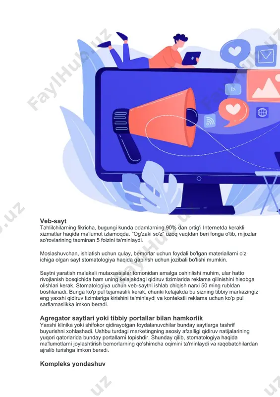 oydalanish kerak. byudjetni tejash uchun eng samarali reklama usullaridan foydalangan holda reklama strategiyasini batafsil ishlab chiqish kerak. mastomatologiyada marketing: to'g'ri va noto'g'ri yondashuvlar marketing muammolari marketologlar, klinikalar menejerlari va o'quv dasturlari mualliflari marketing turlari o'rtasidagi farqni va bugungi kunda qanday marketingga - tashqi, ichki yoki interaktivga investitsiya qilish kerakligini tushunmasliklari bilan boshlanadi. odatda, odamlar tashqi marketingning mohiyati haqida to'g'ri gapirishadi, ammo keling, uning mazmuni va o'rganish mavzusiga oydinlik kiritaylik. tashqi marketing- tovarlar (xizmatlar)ning raqobatbardosh assortimenti va sifatini oshirish maqsadida bozorni, raqobatchilarni, real va potentsial iste'molchilarni o'rganish bo'yicha ishlab chiqaruvchining faoliyati tizimi. stomatologiyada tashqi marketing: 1. xizmatlar bozorining holati, 2. eng yaqin raqobatchilarning ishidagi yutuqlar va kamchiliklar; 3. xizmatlarning haqiqiy va potentsial iste'molchisining holati; 4. mehnat bozorida kadrlar mavjudligi; 5. klinikaning narx siyosatini aniqlash shartlari, 6. xizmatlarning ehtimoliy iste'molchisi (maqsadli auditoriya) uchun jozibador bo'lgan davolanish va xizmat ko'rsatish sifati imidjini shakllantirish uchun zarur shart-sharoitlar; 7. istiqbolli xizmatlar to'plami, 8. ularni iste'molchiga …