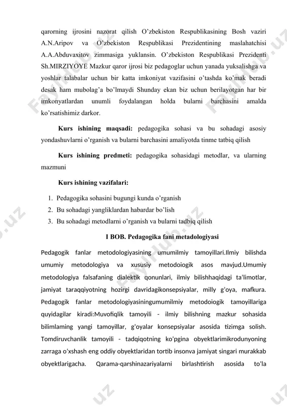 onseptual yondashuvlar davr taqozosi bilan takomillashib boradi. professor a.choriev qonuniyati yondashuv ta’lim-tarbiya jarayonini modemizatsiya qilishning metodologik asosi ekanligini asosiagan. chunki ta’lim-tarbiya jarayonining o ‘ziga xos qonuniyatiari asrlar bo’yi tajribalarda sinalgan, qaror topgan.har bir fanning o ‘ziga xos qonuniyati bo’lganidek, pedagogic jaaryonning qonuniyatiari ilmiy tadqiqotning yorqin yo’llanmasi bo’iadi. metodologiya metodlar, usullar, majmui sifatida qarashlar, “yondashuvlar”, konsepsiyalar uchun ham fanning umumiy qonuniyatiari nazariy (boshlang’ich) asosi bo’ladi. har bir qonuniyatni amaliyotida o ‘ziga xos metod, usullari qomanishi tabiiy hoi. pedagogik qonuniyatlar o’tgan asming 8o-yillarida umumlashtirila boshlandi. ko’pgina mamlakatlarda ta’lim-tarbiya jaryoniga faqat falsafiy yondashuv mavjud. muayan qonuniyatlarga asoslanilmagani uchun fanning predmetsizlikda kamsitishga urinishlar ham bo’ldi. har bir voqeligining o’ziga xos qonuniyati mavjud bomadi. shuning uchun ilmiy tadqiqotda qonuniyatii yondashuv obyektniing, muammoning muayyan mohiyatini aniqlash, ixtironing nazariy ahamiyatini, tadqiqot samaradorligini oshiradi. 1. o ‘rganayotgan muammoning tarixiylik, milliylik, umuminsoniylik tamoyili: - muammoning o ‘rganilishi tarixiy taraqqiyod, qonsepsiyalar, tajribalar tahlili; - milliylik, milliy qadriyatlar ustuvorligi, ijtimoiy, iqtisodiy …