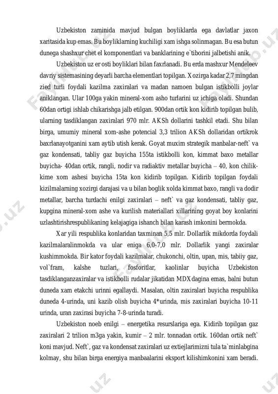 sh uchun kugli xam ashe bazasi bulib xizmat kiladi. uzbekiston dunedagi juda katta oltin, kumush va boshka kimmatbaxo xamda er bagrida kam uchraydigan metallar zaxiralariga ega bulgan davlatlar jumlasiga kiradi. zafarobod markaziy ruda boshkarmasi xozirgi kunda 170000 ga maydonda uran olish ishlari olib borib mazkur maydonlarni turli darajada yaroksiz xolatiga keltirmokda. ikkinchi navtai uchun ajratilgan maydonda ish olib borilmokda, uning umumiy maydoni 16 000 ga ni tashkil kiladi. er osti tuzlari mikdori 10-50 barobarga oshgan, ba`zi bir radiaktiv moddalar mikdori tabiiy xoldan 10-20 barobar oshgan. navoiazot kombinati uzining zaxarli chigitlarini (570000m.) 50 ga maydonga ega bulgan xavzalariga okizmokda. uning asosini polimerlar 25% rodonitlar-10%, kattik aralashmalar tashkil kiladi. tarikbida ceonit -50 mg/l, ammiak-150, sul`fat tuzlari 15000, mis-2500mg/l tashkil kiladi. navoiy elektroximiya zavodining chikindisi 7 mln. 800 000 m. kubni tashkil kilib 125 ga maydonni egallab turibdi. tarkibi uta murakkab organik birikmalardan iborat. atrof muxitni toza saklash maksadida va tabiiy ekilgi resurslarini …