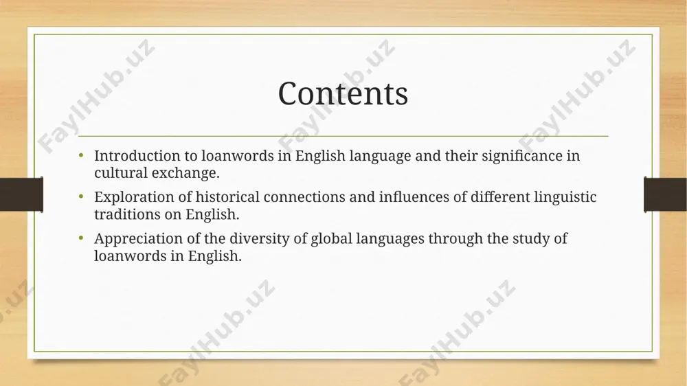 evolution of the english language. 4 global language diversity by embracing loanwords, english showcases the diversity of global languages, celebrating the influence of various cultures on its lexicon. tracing the evolution of loanwords in english. evolution of loanwords the evolution of loanwords in english reflects the dynamic history of cultural exchanges and global interactions. these borrowed words showcase the adaptability and richness of the english language. impact on vocabulary loanwords have significantly enriched the english vocabulary, adding depth and nuance to communication. they offer unique insights into different cultures and historical contexts, enhancing linguistic diversity. historical significance tracing the history of loanwords in english unveils the intricate tapestry of global connections and influences. these borrowed words serve as linguistic markers of past interactions and evolving societies. impact of historical linguistic traditions on english. the impact of historical linguistic traditions on english is profound, with loanwords enriching vocabulary and reflecting diverse …