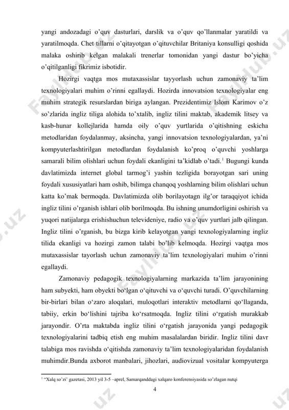 ’limda ingliz tilini o‘rgatishda “arra” o‘zaro o‘qish texnikasi, “birgalikda o‘qiymiz”, “o‘ylang, juftlikda ishlang – fikr almashing” birgalikda o‘qish texnikasi, “insert, toifali, konseptual, bbb” jadvallari, “klaster, kaskad, nilufar guli, piramida, baliq skleti, nima uchun?”, kabi sxemalardan foydalanish o’quvchilar bilimini oshiradi va mustahkamlaydi.1 bunday interfaol metodlaridan foydalanish va zamonaviy ta’lim texnologiyalarini tadbiq etish dars sifatini oshiradi. interfaol metodlar ta’lim jarayonida qatnashayotgan har bir o’quvchining faolligiga asoslanadi. bu metodlardan foydalanilganda bilim olish o’quvchi uchun qiziqarli hayotiy faoliyatga aylanadi. interfaol usul qo’llanganda o’quvchilar o’qitilmaydi, balki ularning o’zlari o’qituvchi bilan birgalikda muyayan yo’nalish va miqdordagi bilimlarni mustaqil o’zlashtiradi. bu hol bolalarga erkin fikrlash, mustaqil ishlashga rag’bat aydo qiladi. bu shaklda uyushtirilgan ta’lim jarayoni qatnashchilari o’zaro bemalol tortishadilar, o’quv materialini buyurilganiday emas, balki o’zlari xohlaganday erkin o’zlashtiradilar. shuni alohida ta’kidlash kerakki, interfaol metodlarning eng asosiy belgilaridan biri kichik guruhlarga bo’lingan holda ishlashlaridir.o’quv topshirig’ini alohida bir o’quvchiga emas, balki barcha kichik guruh a’zolariga berilishi o’quvchilarda jamoa tuyg’usini …