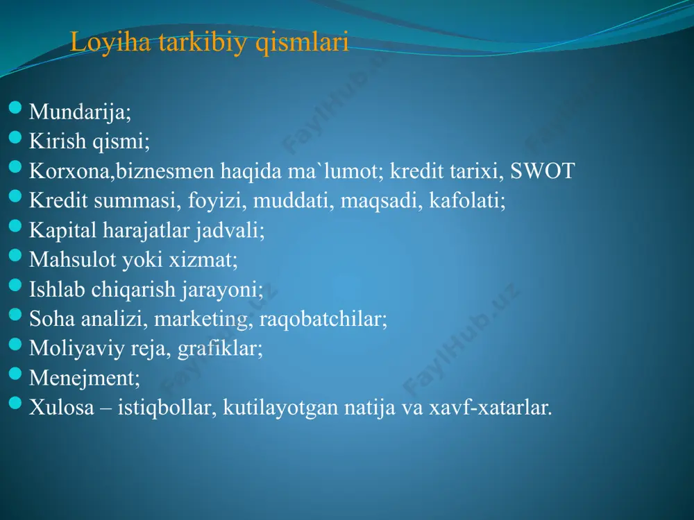 000 x 2 frezerlash stanogi 1 ta 30 000 000 x 30 000 000 3 dsp kesish stanogi 7 250 000 7 250 000 x 4 drell 100 000 100 000 x 5 lobzik arra 150 000 150 000 x 6 tortsofka (arra) 2 500 000 2 500 000 x jami 45 000 000 15 000 000 30 000 000 swot tahlili kuchli tomonlari ushbu sohada tajribaning borligi va mahsulotlar bozor andozasiga teng kela olishi. maxsulotning sfatliligi kuchsiz tomonlar texnologiyaning yetishmasligi imkonoyatlar bozorda o`z o`rni borligi o`z klentlari borligi to‘siqlar elektr energiyasi doimiy yetkazib berilmasligi. xom ashyoni oshib ketishi. raqobatchilar ko‘payib ketishi. “javohir mebel” oilaviy korxona tomonidan ishlab chiqriladigan turli xildagi mebel mahsulotlari o‘zbekiston hudududagi viloyat, shahar va tumanlarida joylashgan chakana savdo do‘konlariga hamda buyurtma asosida yetkazib beriladi. xizmat ko‘rsatish kanali. 1.buyurtma 70% 2.chakana savdo orqali 30% ishlab chiqarish rejalashtirilayotgan joyning joylashuvi ishlab chiqarish jarayonini asoslash: а. materialni stanokda kesish …