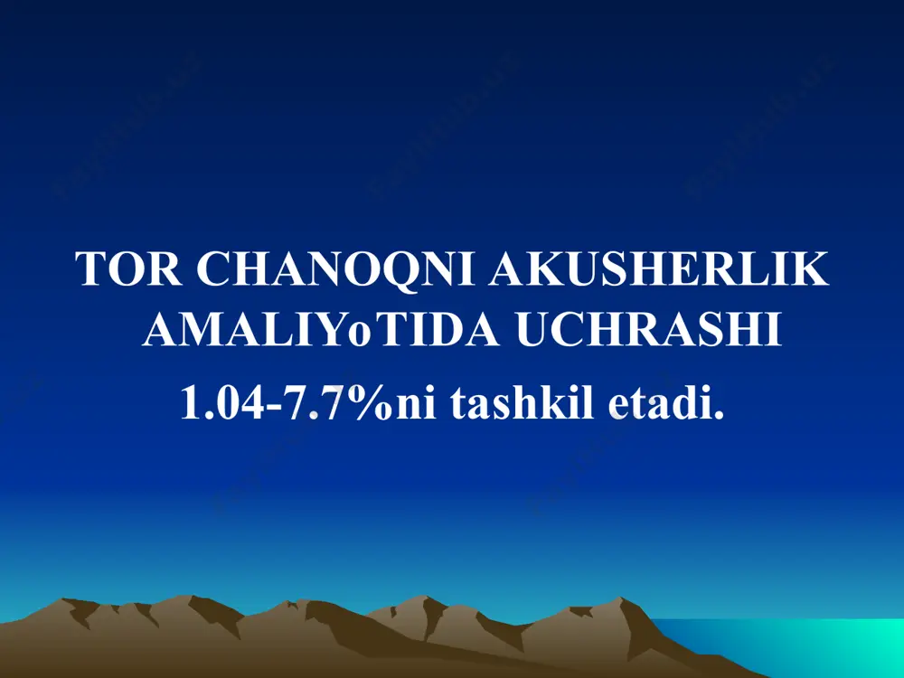 bo`shligi keng ?ismining to`gri o`lchami toraygan chanoq, dumgazaning yassilanishi. 3. oddiy yassi chanoq- 13.6% 4. hamma tomonlama bir xilda toraygan chanoq -8.3% . 5. yassiraxitik chanoq -6.8%. 6. va boshka turlari -4.1%. ko`ndalang toraygan chanoq: 1. uzaygan mixaylis rombi 2. ko`ndalang o`lchamlarning torayishi 3. yonbosh suyaklari qanotlarining yaqinlashishi. 4. qov yoyining torayishi hamma tomonlama bir xilda toraygan chanoq: 1. past bo`yli, tana tuzilishi to`gri ayolda to`gri shakllangan chanoq. 2. hamma o`lchamlari bir xilda 1.5 sm.ga toraygan. oddiy yassi chanoq. 1. hamma to`gri o`lchamlari kichraygan, dumgaza suyagi qovga yaqinlashgan. 2. yonbosh suyak ?anotlari keng yoyilgan 3. mixael's rombi yassilashgan, ya`ni vertikal o`lchamи 11 sm.dan kichik yassiraxitik chanoq yonbosh suyaklarining keng yoyilganligi. distantia spinarum= distantia cristarumga teng. qov burchagi keng yassi raxitik chanoq yassiraxitik chanoq yonbosh suyaklarining keng yoyilganligi. distantia spinarum= distantia cristarumga teng. qov burchagi keng ko`ndalang toraygan chanoq 1. uzaygan mixaels rombi 2. ko`ndalang o`lchamlarning torayishi 3. yonbosh suyaklari qanotlarining …