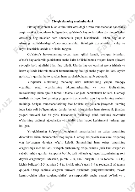 qushlarning oziqa zahirasi juda kam o’zgarishi sababli ushbu qushlar kampusht bo’lib, turli yillarda qo’ygan tuxumlarining soni deyarli o’zgarmaydi. masalan, jo’rchi 2 ta, cho’l burguti 1-4 ta (odatda, 2-3 ta), kichik baliqxo’r 2-3 ta, sajan 2-4 ta, kichik arixo’r qush 1-4 ta (odatda, 2 ta) tuxum qo’yadi. oziqa zahirasi o’zgarib turuvchi qushlarda (chigirtkasimonlar, mayda kemiruvchilar bilan oziqlanuvchilar) esa serpushtlik ancha yuqori bo’ladi va u oziqaning holati va uning zahirasiga bog’liq bo’ladi. masalan sor (qarchig’ayga o’xshash) 5-6 ta tuxum qo’ysa, oziqa bo’lgan yillari umuman tuxum qo’ymaydi. miqqiy (kuyka) oziqa ko’p bo’lgan yillari 8 tagacha, qirg’iy 10-12 tagacha tuxum qo’yadi. qarchig’aysimon boyo’g’li qushlari 13 tagacha, hatto botqoq boyo’g’lisi 14 tagacha tuxum qo’yadi. mayda kemiruvchilar kam bo’lgan yillari ushbu qushlar yoki uya qurmaydi yoki ayrimlari 1-3 tagacha tuxum qo’yadi. ba’zan oziqa yetishmay qolsa, ochlikdan ular o’z jo’jalarini ham yeb qo’yishi mumkin. oziqa kam bo’lgan yillari kichik hasharotxo’r qushlar ham ko’paymaydi. bunday xususiyatlar yirtqich sut …