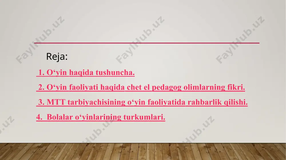 ga e'tiborli munosabatda bo'lishni, ularga oqilona rahbarlik qilishni maslahat bergan edi. o‘yin faoliyati haqida chet el pedagog olimlarning fikri. mtt tarbiyachisining o‘yin faoliyatida rahbarlik qilishi. 1. o'yin bilan mehnat o'rtasida to'g'ri munosabat o'rnatish 2. o'yinda bolalarning bo'lajak mehnat ahliga xos bo'lgan jismoniy va ruhiy sifatlarini tarbiyalash. shunday qilib mtmning pedagogik jarayonda o'yinning tutgan o'rni juda katta bo'lib, o'yindan maktabgacha yoshidagi bolalarni tarbiyalash va ularga ta'lim berishda keng foydalaniladi. zero: - o'yin bolalarning mustaqil faoliyati bo'lib, unda bolaning ruhiyati namoyon bo'ladi; - o'yin maktabgacha taiim yoshidagi bolalar hayotini tashkil etish shaklidir; - o'yin bolalarni har tomonlama tarbiyalash vositalaridan biridir; - o'yin bolalarga ta'lim va tarbiya berishning metod va usulidir; - o'yin bolalarni o'quv faoliyatiga tayyorlash vositasidir. ijodiy o‘yinlar qoidali o‘yinlar bolalar o‘yinlarining turkumlari. ijodiy o'yinlarni bolalar o'zlari o'ylab topishadi. unda oldindan belgilangan qoidalar bo'lmaydi. o'yin qoidasini bolalar o'zlari o'yin jarayonida belgilashadi. qoidali o'yinlarning mazmuni va qoidasi kattalar tomonidan belgilanadi. qoidali o‘yinlar …