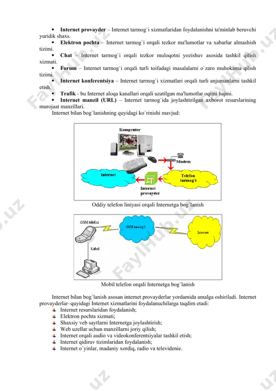 asi, gopher sistemasi va butun dunyo tarmog`i- www. demak www internetning faqatgina bir qismidir. lekin u juda tez rivojlanmoqda. www - internet ning ommabop xizmat turidir. unga ulanish uchun kompyuter bilan modem etarlidir. shuning uchun butun dunyo tarmog`i butun olam axborotlar ombori-kutubxonaga aylanib koladi va u dunyoga yoyiladi. www da ma'lumotlar saxifalarda joylashadi. www saxifalarning soni oxirgi 3 yilda yuz milliondan oshib ketdi. bu saxifalarning egasi kim? ular yirik korporatsiyalar yoki kichik korxonalar, universitet va maktablar, tashkilotlar, jurnal va ruznomalar yoki oddiy shaxslardir. bu saxifalarda turli-tuman ma'lumotlar joylanadi. hozirgi kunda www axborot olishning va tarqalishning eng qulay usulidir. u unga kiruvchi va ulangan barcha kompyuterlarning o’zaro ma'lumotlar almashish imkoniyatini yaratib beradi. intеrnеt - bu yagona standart asosida faoliyat ko`rsatuvchi jahon global kompyutеr tarmog`idir. uning nomi «tarmoqlararo» dеgan ma'noni anglatadi. u mahalliy (lokal) kompyutеr tarmoqlarni birlashtiruvchi axborotlashgan tizim bo`lib, o`zining alohida axborot maydoniga ega bo`lgan virtual to`plamdan tashkil topadi. intеrnеt, unga …