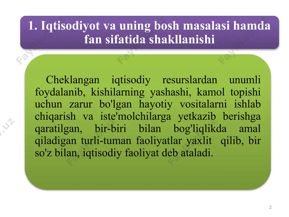g doimiy va bosh masalasi ehtiyojlarning cheksizligi va iqtisodiy resurslarning cheklanganligidir. 7 insonning yashashi va kamol topishi, umuman insoniyatning rivojlanishi uchun kerak bo'lgan hayotiy vositalarga bo'lgan zarurati iqtisodiyot nazariyasi fanida ehtiyoj deb ataladi. ehtiyojlar ijtimoiy-iqtisodiy ehtiyojlar ehtiyojlarni iste'mol qilish tavsifiga ko'ra birlamchi ehtiyojlar umumjamiyat ehtiyoj-lari hududiy guruhiy yakka birgalikda qondiriluvchi ehtiyojlar ma'naviy moddiy shaxsiy ishlab chiqarish ikkilamchi ehtiyojlar 8 9 moddiy ehtiyojlar – bu moddiy ko'rinishdagi ne'matlar vositasida qondiriluvchi zaruratdir. bular iste'mol uchun zarur bo'lgan ko'plab hayotiy predmetlarni (ishlab chiqarish va transport vositalari, oziq-ovqat, kiyim-kechak, turar-joy va h.k.) va zeb-ziynat buyumlarini (taqinchoq, atir-upa, turli bezaklar va h.k.) o'z ichiga oladi. ma'naviy ehtiyojlar – bu insonning shaxs sifatida kamol topishi, dunyoqarashi va ma'naviyatining shakllanishi uchun taqozo etiladigan nomoddiy ne'mat va xizmatlarga bo'lgan zaruratdir. ular kishilarning bilim va dam olish, madaniy saviyasini oshirish, malaka-mahoratga ega bo'lish, turli ma'naviy yo'nalishdagi xizmatlardan bahramand bo'lish kabi ehtiyojlardan iborat bo'ladi. 10 shaxsiy ehtiyojlar – kishilarning pirovard …