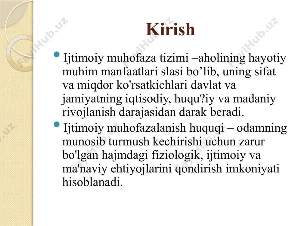 si hmt (400 ga yaqin), jsst,maso konvensiyalari va tavsiyanomalari aholini ijtimoiy muhofazalashda ijtimoiy yordamning quyidagi turlari bilan ta'minlanadi : pensiyalar nafaqalar imtiyozlar, afzalliklar, hizmatlar bir yo'la beriladigan yordam ijtimoiy muhofaza ob'еktlari pensiya yoshiga etganlar nogironlar boquvchisini yo’qotgan bollar kam ta'minlangan oilalar bollari ishsizlar homilador ayollar va yosh bollarga qarash bilan band bo'lganlari kasallik tkfayli vaqtincha ishlamayotganlan o'quvchi yoshlar mehnatga layoqatsizlarga qarash bilan band bo'lgan mehnatga layoqatlilar ijtimoiy muhofaza ob'ektlarining iqtisodiy vazifasi: mehnat qilish qobiliyatini vaqtincha yoki doimiy yo‘qotish yoki boquvchisini yo‘qotganlik munosabati bilan yo‘qotilgan ish haqi ki daromadning o'rnini to'ldirishdan, shuningdek. davolanish va nogironlik munosabati bilan qilinadigan qo'shimcha harajatlarni qoplashdan iborat. siyosiy vazifasi: jamiyatda ijtimoiy barqarorlikni muhofazash va saqlash bo'yicha konstitusiya va qonunlarda kafolatlab qo'yilgan ij va huquqiy normalarni ta'minlash maqsadida- ijtimoiy muhofaza institutlari va mehanizmlarini barpo etish qamda qo'llab quvvatlashni ta'minlash kerak. o'zbekistondagi olib borilayotgan islohotlar muntazam ravishda turli miqdordagi ish haqi, pensiya, stipendiya va har hil nafaqa, tovon …