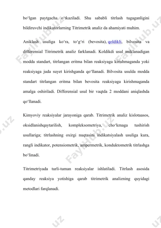 rlanadi. 54 g ammoniy xlorid nh4ci 200 ml suvda eritiladi, 350 ml suvli 25% ammiak eritmasi qo’shiladi va eritma hajmi suv bilan 1000 ml ga o’rnatiladi. oddiy sharoitlarda saqlash paytida bunday eritmaning yaroqlilik muddati uch oy. magniy sulfatning standart eritmalari dastlab taxminiy konsentratsiya bilan tayyorlanadi, masalan. 0,025 mol / l ni tashkil qiladi va keyin eritma rangi qizil-binafsha rangdan ko’k ranggacha o’zgarguncha ammiak tamponida erioxrom qora t ko’rsatkichi mavjud bo’lganda standart edta eritmasi bilan standartlashtiriladi. titrlash jarayonida magniy kompleksonati hosil bo’ladi: mg2+ + hy3- = mgy2- + h+. kompleksometrik titrlash turlari (usullari) - to’g’ridan-to’g’ri, teskari, almashtirish. to’g’ridan-to’g’ri titrlash. oddiy eksperimentda standart komplekson eritmasi bilan aniqlanishi kerak bo’lgan metal kationini o’z ichiga olgan tahlil qilingan eritmani to’g’ridan-to’g’ri titrlashda eritmaning kerakli ph qiymatiga erishish uchun titrlash uchun olingan eritmaning alikotasiga bufer aralashmasi (ko’pincha ammiak tamponi) qo’shiladi, indikator o’zgarguncha standart komplekson eritmasi bilan titrlanadi. rangli titrlash uchun eritma. masalan, ca2+ kaltsiy kationlarini aniqlash. …