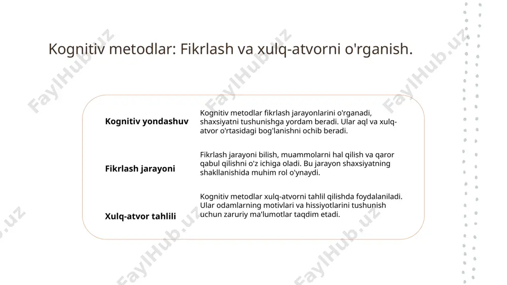 , mehmondo'stlik va oilaviy aloqalar, shaxsiyatni shakllantirishda muhim ahamiyatga ega bo'lib, insonlar o'rtasidagi munosabatlarni mustahkamlaydi. 3 an'anaviy ta'lim an'anaviy ta'lim tizimi, o'zbekistonda shaxsiyatni rivojlantirishda madaniyatga asoslangan yondashuvni ta'minlaydi, bu esa o'z-o'zini anglashga yordam beradi. shaxsiyat va madaniyat: o'zaro bog'liqliklar va qarorlar. 1 shaxsiyat va madaniyat shaxsiyat va madaniyat o'rtasidagi o'zaro bog'liqlik, insonlarning fikrlash va xulq-atvorini shakllantirishda muhim rol o'ynaydi. 2 madaniyatning ta'siri madaniyat, shaxsiyatni shakllantiruvchi omil sifatida, individual qiyofalar va qarorlarni belgilaydigan qadriyatlar va an'analarga ega. 3 qaror qabul qilish shaxsning qaror qabul qilish jarayoni, madaniy kontekst va shaxsiy tajribalar bilan uzviy bog'liq bo'lib, ijtimoiy vaziyatlarni ham hisobga oladi. 4 o'zaro munosabatlar shaxsiyat va madaniyat o'rtasidagi o'zaro munosabatlar, ijtimoiy interaktsiyalarni kuchaytiradi va insonlarning bir-biriga bo'lgan munosabatlarini o'zgartiradi. shaxsiyatning madaniy kontekstdagi evolyutsiyasi va psixologik ta'siri. madaniy evolyutsiya psixologik ta'sir o'zbekiston konteksti madaniyat shaxsiyatning evolyutsiyasiga ta'sir qiladi. o'zbek madaniyatida qadimiy an'analar va zamonaviy qadriyatlar o'zaro bog'liq. madaniyat shaxsiy xususiyatlarga ta'sir etadi. boshqa …