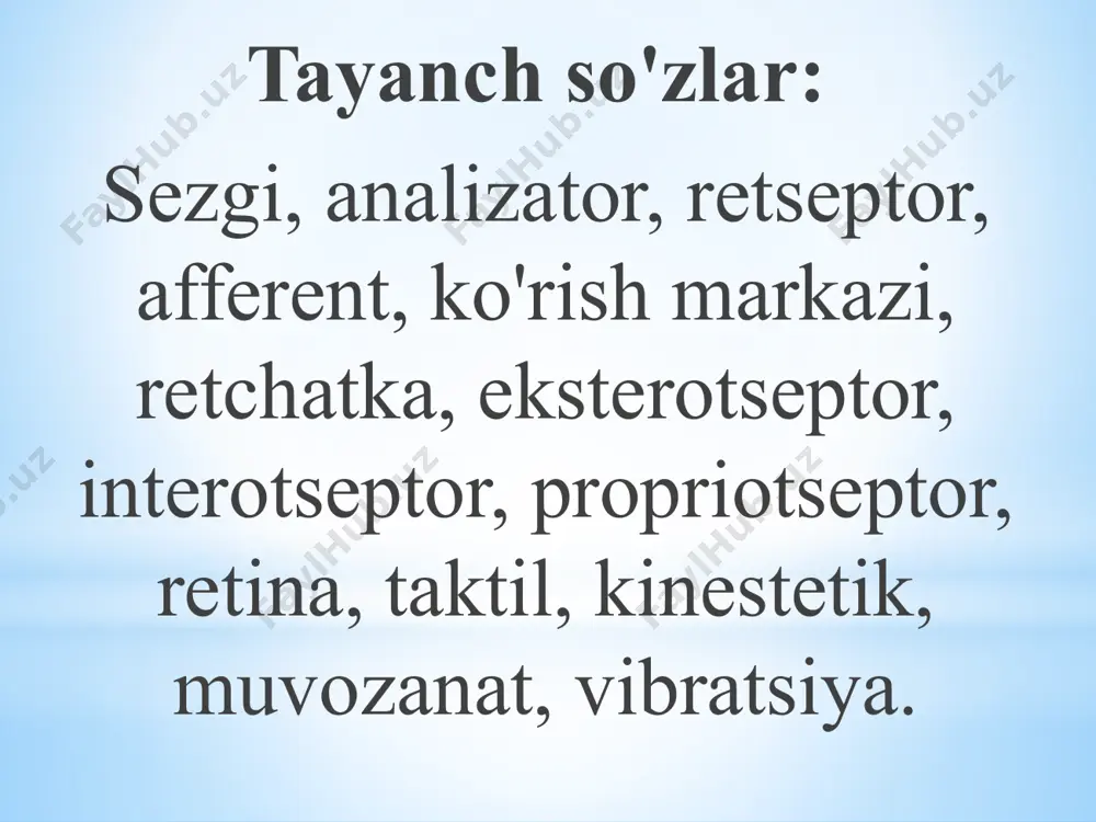 interoreseptiv sezgilar insonning kayfiyatida, emosional reaksiyalari o’zgarishida ko’zga tashlanadi, bolada esa xatti-harakatning keskin o’zgarishiga sabab bo’ladi. interoreseptiv sezgilar organizmdagi ichki jarayonlarni o’zaro o’rin almashtirish muvozanatini ta'minlab turishning asosi hisoblanadi. bu jarayonni bir so’z bilan aytganda, organizmdagi jarayonlarni o’zaro o’rin almashib turishning gemostazi (barqarorligi) deb ataladi. interoreseptiv sezgilarning fiziologik mexanizmlari intero-sepsiya bilan birgalikda k.m.bikov, v.n. chernigovkiylar tomonidan atroflicha o’rganilgan. ularning fikriga ko’ra, bu narsalarning barchasi shartli reflektor faoliyati mexanizmlaridan kelib chiqadi. pereferik reseptorlar muskullar, pay va bo’g’imlarda joylashgan bo’lib, maxsus tanachalar shakliga ega. tanachalarda vujudga keluvchi qo’zg’atuvchilar muskullarning harakatlashuvi natijasida va bo’g’imlar holatining o’zgarishi, nerv tolalari yordamida, orqa miyaning orqa ustunidagi oq suyuqligiga etkaziladi. proprioreseptorlar harakatning afferent asosi ekanligini a.orbeli tomonidan, hayvonlarda p.k.anoxin, odamlarda esa n.a.bernshteynlar tomonidan o’rganilgan. psixologik ma'lumotlarga ko’ra, gavdaning fazodagi holati, sezgirligi statik sezgilarda o’z ifodasini topadi. sezgi turlari psixologiya fanida uchta katta guruhga ajratilgan sezgilar (ekstroreseptiv, proprioreseptiv, introreseptiv) o’z navbatida quyidagi turlarga ajratiladi: ko’rish sezgilari; eshitish sezgilari; …