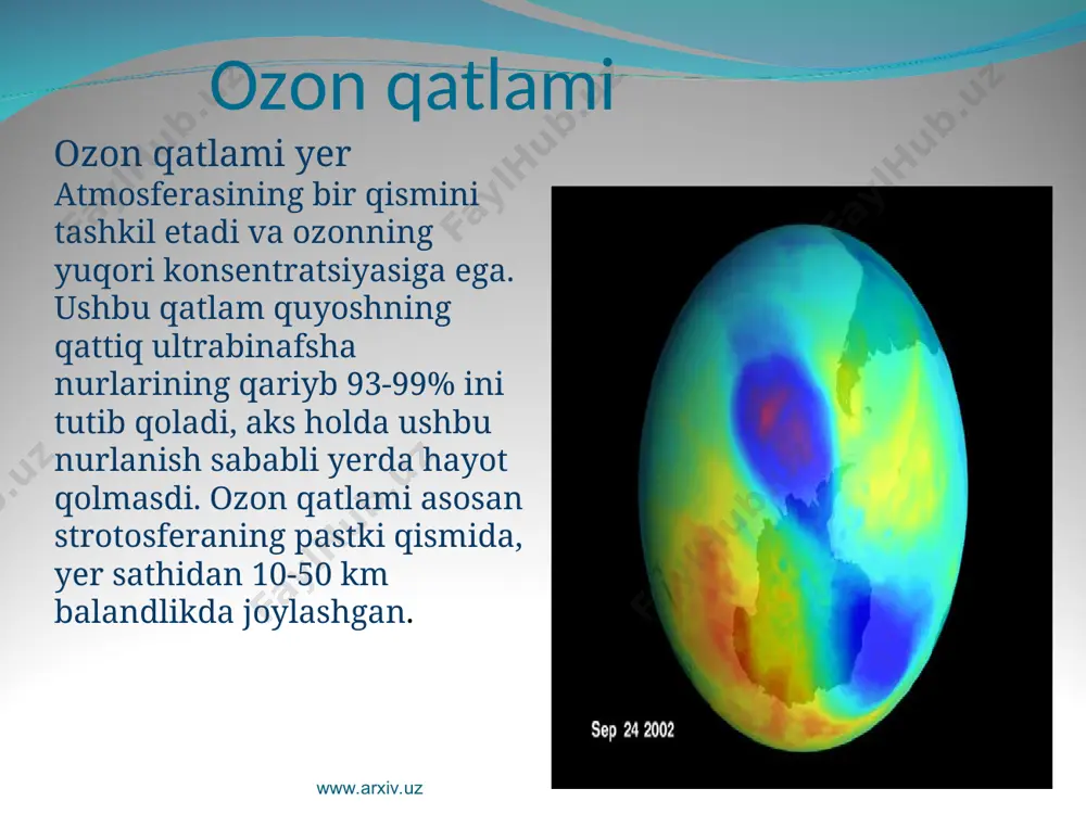 ozon qatlamining yemirilishi biz yashab turgan olam, bashariyat halokati bilan barobardir. ma’lumki, yer yuzasidan 10 dan 50 kilometrgacha bo‘lgan masofada joylashgan ozon qatlamining miqdori uch milliard tonnadan iborat bo‘lib, u havoning milliondan uch foizini tashkil etadi. ammo taraqqiyot shiddati va odamzotning o‘ziga qulaylik yaratishi natijasida ozon qatlamiga jiddiy shikast yetayotganini ham yoddan faromush qilmasligimiz kerak. www.arxiv.uz www.arxiv.uz vulqon otilishi jarayonida tarkibida oltingugurt birikmalari bo‘lgan gazlar, sovutgich uskunalari, havo almashtirgich qurilmalari, dezinfektsiya va meditsina jihozlarini sterillashda ishlatiladigan aerozollar hamda boshqa ko‘plab sohalarda ishlatiladigan xlorftoruglerod va bromxloruglerodlar ozon qatlamini yemiruvchi moddalar sirasiga kiradi. xlorning bir atomi ozonning yuz ming molekulasiga ta’sir etishi mumkin. u o‘zi hech qanday o‘zgarishga uchramagan holda, ozon molekulalarini birma-bir parchalaydi. shuningdek, bugungi kunda turli kosmik apparatlarning uchirilishi jarayonida samoga yuzlab tonna ozonni yemiruvchi kimyoviy moddalar tarqalmoqda. hisob-kitoblarga qaraganda, bitta raketa parvozi davomida o‘n ming tonnaga yaqin ozon yemiriladi. www.arxiv.uz www.arxiv.uz hozirda eng katta ozon tuynuklari yer sharining janubiy …