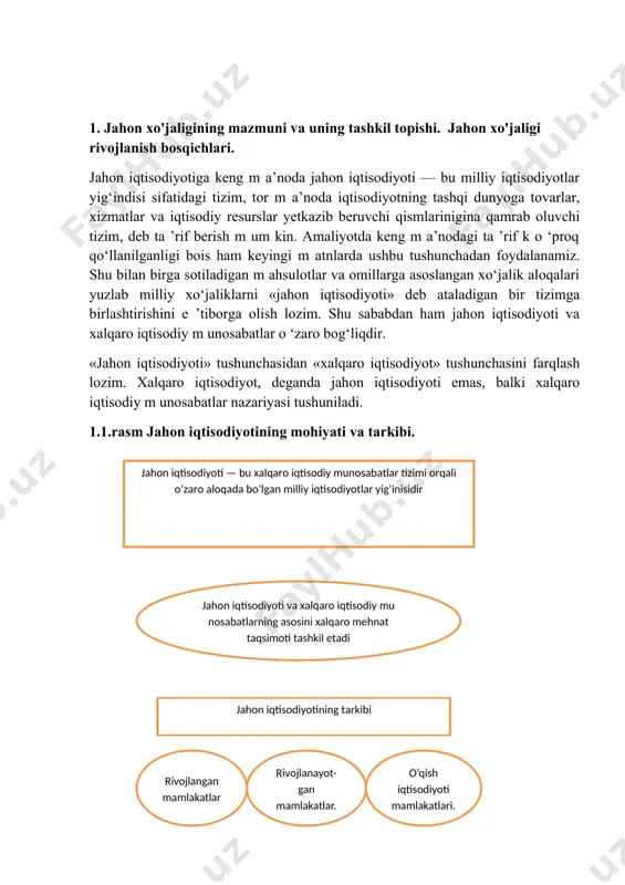 i yoki asosiy qatnashchilari — subyekth rid an iborat mexanizm ko‘rinishida ifodalash mumkin. ushbu subyektlarning asosiylari milliy iqtisodiyotlar, transmilliy korporatsiyalar (tm k), integratsion birlashmalar, xalqaro iqtisodiy tashkilotlar hisoblanadi. milliy iqtisodiyotlar jahon iqtisodiyotining m uhim subyekti sanaladi. milliy iqtisodiyotlarga xos asosiy xususiyat shunchaki, dunyoning aksariyat mamlakatlari iqtisodiy suverenitetni saqlab kelishmoqda. jahon xo'jaligining shakllanish jarayoni amalda kishilik jamiyatining jami tarixini o‘z ichiga oladi. chunki u ishlab chiqarish kuchlarining necha ming yillar davomidagi evolutsiyasining natijasidir. jahon xo'jaligining shakllanishi va rivojlanishi jarayonlarini o‘ziga xos xususiyatlar bilan ifodalanuvchi ayrim bosqichlarga taqsimlash mumkin. birinchi va eng uzoq davrni o‘z ichiga olgan jahon xo‘jaligi belgilari va regional xususiyatlari shakllana boshlagan bosqich buyuk geografik kafishfiyotlar davrigacha davom etgan. buyuk geografik kashfiyotlar natijasida xalqaro savdo yevropa va osiyodan keyin yer sharining boshqa regionlarini ham qamrab oladi. regionlar o'rtasida mahsulotlarni ayirboshlash jahon bozorini vujudga keltiradi. ushbu bozor transport rivojlanishi munosabati bilan yana ham kengaydi, chunki dengiz transporti barcha materiklarni birlashtirishga …