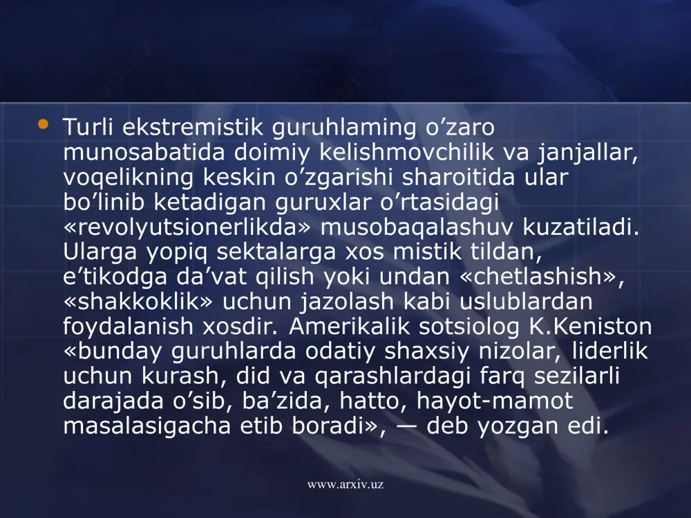 shi sifatida baholaydilar. shunday ekan, ekstremizmni faqat muayyan din bilan poklash mutlaqo asossizdir. xususan, islom dini, turmush tarzi va qadriyatlar majmui sifatida hech qachon ekstremistik tuzilmalaming go’yoki, din va musulmon jamoasi ravnaqi yo’lida amalga oshirayotgan terrorchilik xuruj-larining asosiy sababi sifatida qaralishi mumkin emas. www.arxiv.uz www.arxiv.uz shunisi diqqatga sazovorki, ekstremistik ruxdagi tuzilmalaming hech biri biror bir shaklda o’zlari jar solayotgan, o’zlari «intilayotgan» jamiyat qurilishi modelini taklif etolmaydi. kommunizm, xalifalik — «umumiy farovonlik va sog’lom mutanosiblik jamiyati» oliy maqsad deb ko’rsatilgan holda, qo’rquv va buzg’unchilik ularga erishish yo’li sifatida taklif etiladi. bu esa, o’z vaqtida mashhur bo’lgan, rossiya va evropada uzoq yillar davomida buzg’unchilik yo’lida terrorchilik .usullarini qo’llah-kelgan. tuzilmalar faoliyatini oziqlantirib kelgan anarxizm g’oyalari bilan xamohanglik kasb etadi. www.arxiv.uz www.arxiv.uz hozirgi davrda ko’plab ekstremistik uyushmalar va aqidaparastlar turli dinlar, shu jumladan, xristianlik, islom, yahudiylik dinlari ta’limotidan foydalanmokdalar. shu bilan birga, diniy ritorika ularga ko’zda tutilayotgan jamiyatning aniq shaklu shamoyilini takdim etmagan holda …