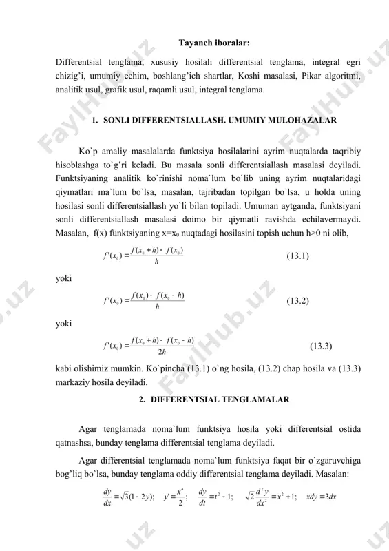 ni ko`p hollarda quyidagi ko`rinishda yozish mumkin: (13.5) (13.5) ning echimi (yoki integrali) deb uni qanoatlantiruvchi shunday funktsiyaga aytiladiki, ni (13.5) ga qo`yganda u ayniyatga aylanadi. oddiy differentsial tenglama echimining grafigi uning integral egri chizig’i deyiladi. n-tartibli differentsial tenglamaning echimida n ta erkli o`zgarmas son qatnashadi. bu o`zgarmas sonlarni o`z ichiga olgan echim umumiy echim deyiladi. umumiy echimning grafik ko`rinishi integral egri chiziqlar dastasini ifodalaydi. umumiy echimda qatnashuvchi erkli o`zgarmaslarning aniq son qiymatlari ma`lum bo`lsa umumiy echimdan xususiy echimni ajratib olish mumkin. umumiy echimga kiruvchi erkli o`zgarmaslar masalaning boshlang’ich shartlaridan aniqlanadi. bunda masala quyidagicha qo`yiladi: (13.4) differentsial tenglamaning shunday echimi ni topish kerakki, bu echim erkli o`zgaruvchi x ning berilgan qiymati x=x0 da quyidagi qo`shimcha shartlarni qanoatlantirsin: (13.6) (13.6) shartlar boshlang’ich shartlar deyiladi, - sonlar esa echimning boshlang’ich qiymatlari deyiladi. boshlang’ich shartlar (13.6) yordamida umumiy echimdan xususiy echimni ajratib olinadi. 3. koshi masalasi differentsial tenglamaning echimini boshlang’ich shartlar asosida topishga …