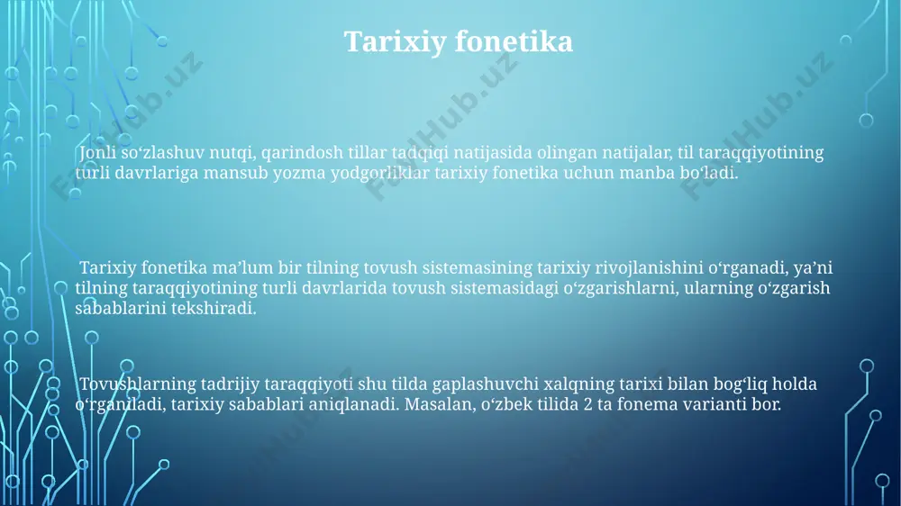 irilishini; 2) morfemaning harakatlantiruvchi komponenti va ma'lum morfologik kategoriya belgisini ajratib ko'rsatgan. praga fonologik maktabi praga fonologik maktabida fonemaning ikki asosiy xususiyati – funktsional va differentsial belgilari ajratilgan. ularning bir-biriga munosabati oppozitsiya yordamida o'rganilgan. praga fonologik maktabining asoschilaridan biri bo'lgan n.s.trubetskoy 35 ta tilning fonetik xususiyatlarini tahlil qilib, 35 ta fonemaning 12 tasini universal fonemalar deb tasniflagan. praga maktabida 1920 yillarda tarkibiyligining ikki yo'nalishiga (diaxron va sinxron) tayangan xolda, fonema ta'limotini ishlab chiqilgan. qiyosiy fonetika qiyosiy fonetika qarindosh tillarning tovush tizimlari o'rtasidagi munosabatlarni, masalan, 10 ta turkiy tilning tovush tizimlarini o'rganadi va ular orasidagi o'xshashlik va farqlarni aniqlaydi. qiyosiy fonetika tadqiqotlarida 50 dan ortiq turkiy tilning fonetik xususiyatlari taqqoslanib, ularning umumiy va o'ziga xos xususiyatlari aniqlanadi va o'zbek tilining fonetik tizimining genetik kelib chiqishini belgilashga yordam beradi. ushbu sohada oʻzbek tilshunosligiga oid materiallar, shu jumladan, 20 dan ortiq qarindosh tillarning fonetik xususiyatlari haqida ma'lumotlarni o'rganishga qo'shimcha asos yaratadi. fonetikaning asosiy …
