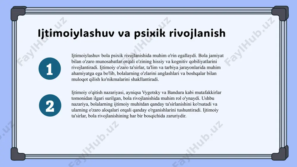 ivojlanishida bir qancha ijtimoiy resurslarni, masalan, oila, do'stlar, maktab va jamiyatni o'z ichiga oladi. ushbu resurslar bolaga o'zini his qilish va ijtimoiy ko'nikmalarni rivojlantirishda yordam beradi. ijtimoiy aloqalar bola uchun o'ziga ishonchni oshirish va stressni kamaytirishda yordam beradi. tushuncha va hissiyotlarni boshqarish ijtimoiy muhitda shakllanadi, bu esa bola munosabatlariga ta'sir qiladi. ijtimoiy muhit bola psixik rivojlanishida kelajakdagi ijtimoiy muvaffaqiyatga katta ta'sir ko'rsatadi. ijtimoiy ko'nikmalarni rivojlantirish uchun ijtimoiy muhit muhim ahamiyatga ega. xulosa ijtimoiylashuv bola psixik rivojlanishining muhim omili hisoblanadi. bola ijtimoiy muhitda o'zaro aloqalar orqali psixik qobiliyatlarini rivojlantiradi. ijtimoiy muhit bola psixik rivojlanishiga ijobiy ta'sir ko'rsatadi. ijtimoiy o'qitish nazariyasi bola rivojlanishida o'zaro ta'sirni kuchaytiradi. amaliy strategiyalar orqali bola rivojlanishida ijtimoiy o'qitishni yanada samarali qilish mumkin. 1 2 foydalanilgan adabiyotlar 1. jalolov, s. i. ijtimoiylashuv va bola psixik rivojlanishi. o'zbekiston respublikasi fanlar akademiyasi, 2022 2. karimov, a. x. ijtimoiy o'qitish nazariyasi: asosiy g'oyalar va amaliyot. o'zbekiston ta'limi, 2023 3. mirzayeva, d. …
