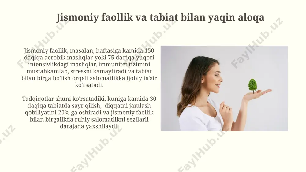 i tejashga yordam berdi, bu ekologik ongni oshirishning muhim natijasidir. uy sharoiti va sog'liq uyda jismoniy faoliyat bilan shug'ullanish uchun haftasiga kamida 150 daqiqa vaqt ajratish yurak-qon tomir kasalliklari xavfini 30% ga kamaytiradi. toza ichimlik suvi iste'moli kuniga kamida 2 litr bo'lishi kerak. suvning yomon sifati dehidratatsiyaga va buyrak kasalliklarining rivojlanishiga olib kelishi mumkin. kelajak avlodlar uchun sog'lom muhit kelajak avlodlar uchun toza havo muhim ahamiyatga ega, chunki bolalarning 20% dan ortig'i nafas olish yo'llari kasalliklaridan aziyat chekmoqda, shuning uchun ekologik toza hududlarni saqlash zarur. sog'lom turmush tarzi va atrof-muhitning o'zaro bog'liqligi 80% ga yaqin kasalliklarning oldini olishga yordam beradi, bu esa kelajak avlodlarning salomatligini ta'minlashda muhim rol o'ynaydi. tabiiy resurslardan oqilona foydalanish qayta ishlanadigan materiallardan foydalanish, masalan, qog'oz va plastik, chiqindilarni 70% gacha kamaytirish va axlatxonalarga tushadigan yukni sezilarli darajada engillashtirish imkonini beradi. tabiiy resurslardan oqilona foydalanish suv iste’molini 30% ga kamaytirish orqali ekologik izimizni sezilarli darajada qisqartirishimiz mumkin, …