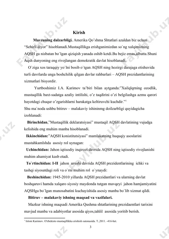 x.sinkotta, x.tursunovlarning ilmiy ishlarini ikkinchi guruh adabiyotlariga kiritish mumkin bitiruv malakaviy ishning ilmiy yangiligi va amaliy ahamiyati. ushbu malakaviy ishning ilmiy yangiligi avvalo shundan iborati mavzu ilk bor bitiruv-malakaviy ish sifatida ilmiy adabiyotlar bilan qiyosiy tahlil qilish asosida izchil taqdid etildi. biz ilmiy iste’molga olib erishilayotgan materiallar va turli tarixiy manba va adabiyotlarga tayangan holda o’z fikr mulohazalarimizni bildirishga harakat qildik. · aqsh davlatining tashkil topishi va uning tarixiy ahamiyatini ochib beradi. · “mustaqillik deklarasiyasi”ni qabul qilishni mamlakat mustaqilligini asosiy ilk qadami ekanligini yoritib beradi. · aqsh konstitutsiyasi va davlatning hududiy asoslari ekanligi tizimlashtirilib tahhlil qilindi. · prezident boshqaruvi va uning asosiy mohiyati ochib berildi. · aqshda ilk prezidentlik davrida fediral hududiy tuzilishini o’ziga xos xususiyatlari ochib berildi. · jahon iqtisodiy inqirozi davrida aqsh va uning tutgan yo’lini ilmiy jihatdan tahlil qilindi. · 1945-2010 yilargacha bo’lgan davrda amerika prezidentlarining xalqaro siyosiy maydonda tutgan o’rni aytarlicha yoritib berish. bitiruv malakaviy ishining …