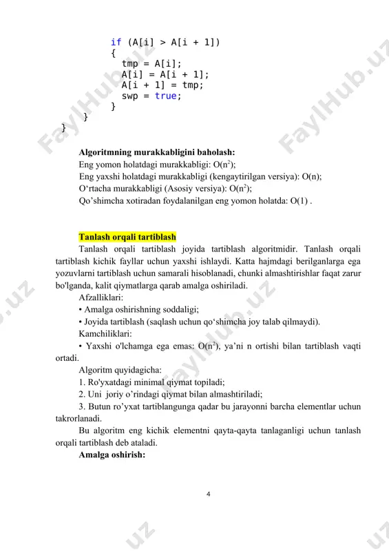int n = a.length; for (int i = 0; i = 1 && a[j - 1] > v ) { a[j] = a[j - 1]; j--; } a[j] = v; } } tahlil eng yomon holat tahlili: eng yomon holatda har bir i uchun barcha elementlarini siljitishi kerak a[1],. . . , a [i - 1] (ya'ni a[i] qiymati ularning barchasidan kichik) , bu 𝜭(i - 1) vaqtni oladi. umumiy vaqt quyidagicha hisoblanadi: t(n)=𝜭(1)+𝜭(2)+𝜭(3) . . .+𝜭(n - 1)=𝜭(1+2+3+ n- 1)=𝜭(n(n-1)/2)≈𝜭(n2) o‘rtacha holat tahlili o‘rtacha holatda ichki sikl a[i] ni a[1] . . . , a [i - 1] ning o’rtasiga kiritadi. bu 𝜭(i/2) vaqtni oladi. umumiy vaqt sarfi quyidagiga teng bo’ladi: eng yaxshi holat tahlili eng yaxshi holatda, ro’yxat dastlab tartiblangan holatda bo’lib, ichki siklda hech qanday amal bajarilmaydi, ya'ni, t(n)=𝜭(n). murakkablikni baholash: eng yomon holatdagi murakkabligi: o(n2) eng yaxshi holat murakkabligi: o(n) oʻrtacha murakkabligi: o(n2) eng yomon holatda …