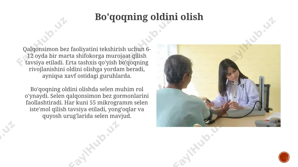 raydi. yodlangan tuz iste'mol qilish bu holatning oldini olishga yordam beradi. tugunli bo'qoq bir yoki bir nechta tugunlar (nodullar) mavjudligi bilan aniqlanadi. taxminan 5% malign o'smalar xavfi mavjud va biopsiya orqali tekshiriladi. 20% dan ortiq odamlarda uchraydi. bo'qoqni tashxislash qalqonsimon bezni ultratovush tekshiruvi (utt) bo'qoq hajmini, tuzilishini va tugunlar mavjudligini aniqlashga yordam beradi. utt 1 sm dan katta tugunlarni aniqlashda samarali hisoblanadi. qonda qalqonsimon bez gormonlari (t3, t4) va tsh darajasini o'lchash orqali bo'qoqning sababini aniqlash mumkin. gipertiroidizm va gipotireoz kabi kasalliklar shu yo'l bilan tashxislanadi. e'tiboringiz uchun rahmat @taqdimot_robot image4.jpg image5.jpg image6.jpg image7.jpg image8.jpg image9.jpg image10.jpg image11.jpg image12.jpg image13.jpg image14.jpg image15.jpg image1.png image2.png image3.png