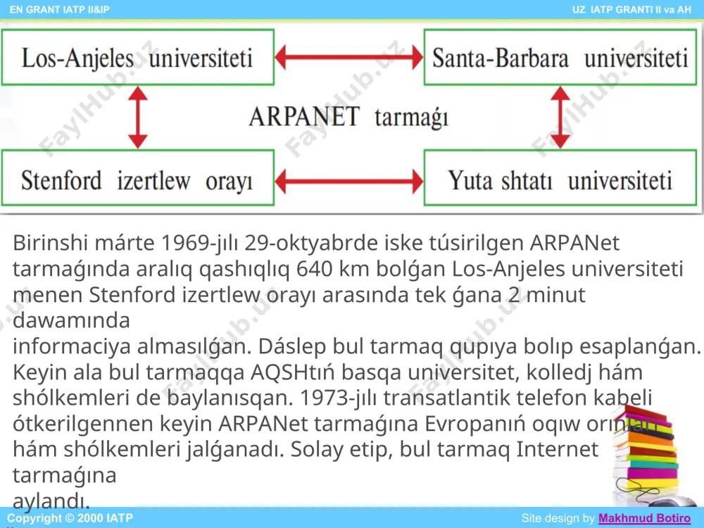 tuwridan-tuwri jalg’aniw slip ha’m ppp boyinsha jalg’aniw qon’iraw qilip jalg’aniw (dial-up access, dial-up) uucp boyinsha jalg’aniw basqa tarmaqlar arqali jalg’aniw en grant iatp ii&ip uz iatp granti ii va ah copyright © 2000 iatp site design by makhmud botirov internet xizmetleri internet xizmetleri dep a’dette sol tarmaq quramindag’i serverler ta’repinen ko’rsetiletug’in xizmetler tu’siniledi. to’mendegi xizmet turleri en’ ko'p tarqalg’an: e-mail - xat-xabarlardi jetkiziw xizmeti. usenet - elektron dag’aza shig’ariw tizimi xizmeti (“telereklamalar”). www -informaciya izlew ha’m o‘zinde tekst, grafika, dawis ha’m videoni ko’rsetken gipertekstli hu’jjetlerdi ko’rsetiw dizimi. ftp - fayllardi jiberiw xizmeti. telnet - alista jaylasqan kompyuter menen jalg’aniw xizmeti. gopher – izlew ha’m tekstli hu’jjetlerdi ko'riw xizmeti. en grant iatp ii&ip uz iatp granti ii va ah copyright © 2000 iatp site design by makhmud botirov bul gipertekstke tiykarlang’an informaciya dizimi, tu’rli multimedialar esaplanadi.oni du’nya o’rmekshi tori dep biykarg’a aytpag’an. www-din’ 1991 jilda payda boliwi internetten paydalaniwshilardin’ ko'leminin’ keskin …