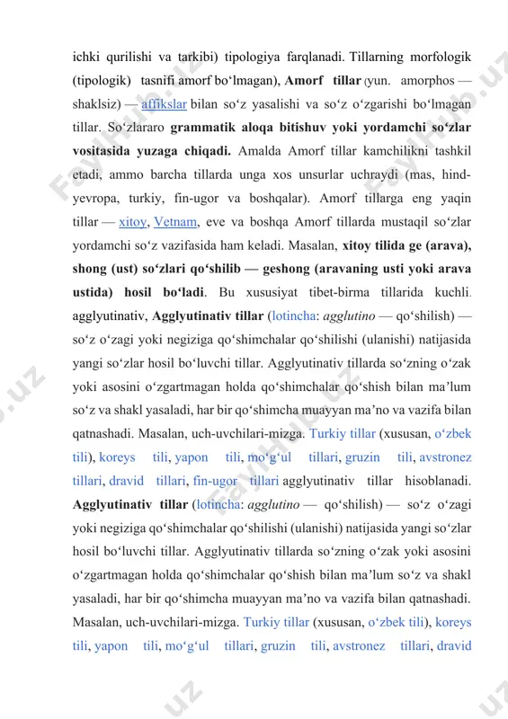 a ham keladi. masalan, xitoy tilida ge (arava), shong (ust) soʻzlari qoʻshilib — geshong (aravaning usti yoki arava ustida) hosil boʻladi. bu xususiyat tibet-birma tillarida kuchli. agglyutinativ, agglyutinativ tillar (lotincha: agglutino — qoʻshilish) — soʻz oʻzagi yoki negiziga qoʻshimchalar qoʻshilishi (ulanishi) natijasida yangi soʻzlar hosil boʻluvchi tillar. agglyutinativ tillarda soʻzning oʻzak yoki asosini oʻzgartmagan holda qoʻshimchalar qoʻshish bilan maʼlum soʻz va shakl yasaladi, har bir qoʻshimcha muayyan maʼno va vazifa bilan qatnashadi. masalan, uch-uvchilari-mizga. turkiy tillar (xususan, oʻzbek tili), koreys tili, yapon tili, moʻgʻul tillari, gruzin tili, avstronez tillari, dravid tillari, fin-ugor tillari agglyutinativ tillar hisoblanadi. agglyutinativ tillar (lotincha: agglutino — qoʻshilish) — soʻz oʻzagi yoki negiziga qoʻshimchalar qoʻshilishi (ulanishi) natijasida yangi soʻzlar hosil boʻluvchi tillar. agglyutinativ tillarda soʻzning oʻzak yoki asosini oʻzgartmagan holda qoʻshimchalar qoʻshish bilan maʼlum soʻz va shakl yasaladi, har bir qoʻshimcha muayyan maʼno va vazifa bilan qatnashadi. masalan, uch-uvchilari-mizga. turkiy tillar (xususan, oʻzbek tili), koreys tili, …
