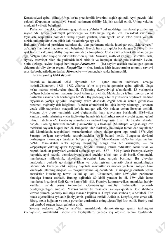 lan ta'minlash idorasi tuzildi. xususiy mulk bo‘lib kelgan temiryo‘l idoralarini kommuna o‘z ixtiyoriga oldi va ishlab chiqarish ustidan nazorat o‘rnatdi. biroq, kommuna o‘z faoliyatida qator xatolarga ham yo‘l qo‘ydi.birinchidan, parijdan qochiib ketgan tyer hukumatini ta'qib qilmadi. bu esa tyerga kommunaga qarshi kurash uchun zarur kuch to‘plab olishga imkon berdi. natijada, hukumat qo‘shini parijni qamalga olishga muvaffaq bo‘ldi. ikkinchidan, mamlakatning qolgan qismi kommunani qo‘llab- quvvatlamadi. bu hukumatning kommunachilarni mamlakatni dushman ishg‘ol qilib turgan paytda bosh ko‘targan isyonchilar deb yuritgan nafratli tashviqotining natijasi edi. dehqonlarni, kommuna to‘la g‘alaba qozonsa, mol-mulkidan ajralib qolishi mumkinligi bilan qo‘rqitishga erisha oldi. uchinchidan, kommuna davlat xazinasini, banklarni to‘la o‘z qo‘liga olmadi. to‘rtinchidan, kommuna kengashi ichida kommuna ichki siyosati xususida birlikka erishib bo‘lmadi. kommunani tor-mor etishda germaniya tyer hukumatiga yordam berdi. chunonclii, bismark 40 ming fransuz askar va zobitlar ni asirlikdan bo‘shatib, ularni tyer hukumati ixtiyoriga yubordi.hukumat qo‘shini 21-may kuni hujumga o‘tdi va shu kuni parijga kirib keldi. …