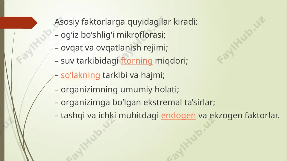 r bo‘lgan o‘zgarishlarga bog‘liq. dog‘ shaklidagi kariyesda to‘qimalar charxlanmaydi va dog‘ hosil bo‘lgan demineralizatsiya bo‘lgan sohaga yo‘qotilgan mineral komponentlar kiritiladi. buning uchun remineralizatsiyalovchi eritmalar aplikatsiya qilinadi. ushbu eritmalarning asosiy komponentini kalsiy, fosfor, ftor tashkil etadi. image1.jpeg image2.jpeg /docprops/thumbnail.jpeg