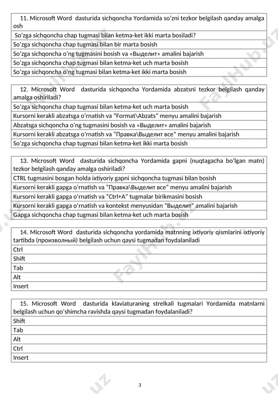 tartibda (произволный) belgilash uchun qaysi tugmadan foydalaniladi ctrl shift tab alt insert 15. microsoft word dasturida klaviaturaning strelkali tugmalari yordamida matnlarni belgilash uchun qo‘shimcha ravishda qaysi tugmadan foydalaniladi? shift tab alt ctrl insert 16. chop etilmaydigan belgilar ekranda nimani tasvirlaydi? qoldirib ketilgan bo’sh joylarni xizmat belgilarini sahifa parametrlarini maxsus belgilarni to‘g‘ri javob majud emas 17. quyidagi belgilarning qaysi biri chop etilmaydi? ? . © ! 18. microsoft word dasturida ctrl tugmasini bosib sichqoncha g‘ildiragi aylantirilsa nima sodir bo‘ladi? hujjat masshtabi o‘zgaradi hujjat varaqlari almashadi kursorning joylashish joyi o‘zgaradi matn o‘lchami o‘zgaradi grafik ob’ekt o‘lchami o‘zgaradi 19. microsoft word dasturida kursordan chapdagi belgilarni o‘chirish uchun qaysi tugmadan foydalaniladi? backspace delete insert f8 enter 20. microsoft word dasturida kursordan o‘ngdagi belgilarni o‘chirish uchun qaysi tugmadan foydalaniladi? delete insert backspace f8 enter 21. dastur interfeysining rasmda belgilangan qismi qanday ataladi? menyu satri (stroka menyu) buyruqlar satri (stroka komand) uskunalar paneli (panel instumentov) holatlar …