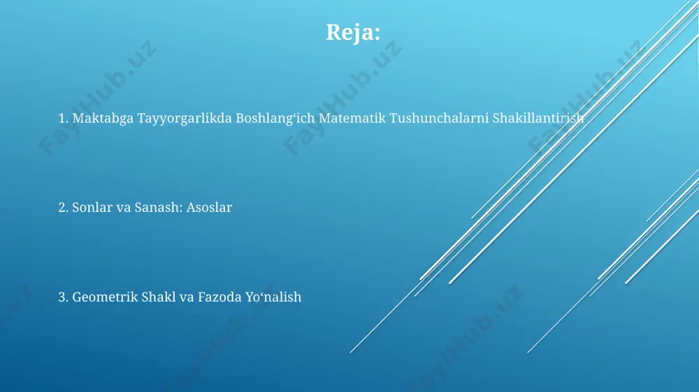 i (millilitr, litr)ni turli xil idishlardan foydalanib, suyuqliklarni quyish orqali o'rgatish, 1 litrning 1000 millilitrga tengligini ko'rsatish foydali bo'ladi. son tushunchasini shakllantirish son tushunchasini shakllantirishda, bolalarga miqdoriy va tartibli sonlarni farqlashni o‘rgatish muhim, bu ularning 5 yoshga to‘lganlarida oddiy qo‘shish va ayirish amallarini bajarishga tayyor bo‘lishlariga yordam beradi. bolalarda son tushunchasini mustahkamlash uchun 20 ta turli xil o‘yin va mashqlar qo‘llash, ularning matematik qiziqishini oshirib, muammo yechish ko‘nikmalarini rivojlantiradi. sonning son tushunchasini shakllantirishda 1 dan 10 gacha bo‘lgan sonlarni aniq tasavvur qilishni rivojlantirish, konkret predmetlar bilan ishlash orqali amalga oshiriladi, bu esa abstrakt fikrlash qobiliyatini oshiradi. hisoblash ko'nikmalarini rivojlantirish hisoblash ko'nikmalarini mustahkamlash uchun bolalarga kundalik hayotdagi vaziyatlardan, masalan, 3 ta olma va 2 ta bananni hisoblash yoki 5 ta o'yinchoqni taqsimlash kabi misollarni ko'rsatish foydalidir. hisoblash ko'nikmalarini rivojlantirishda 5 yoshgacha bo'lgan bolalarga 1 dan 10 gacha sonlarni sanash, ob'ektlarni guruhlash va miqdorlarni taqqoslash kabi oddiy amallarni o'rgatish muhimdir. bolalarda hisoblash …