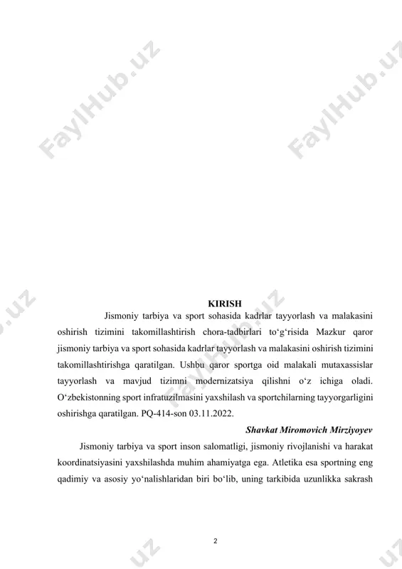 havoda bo‘lish vaqtida oyoqlarini qaychi shaklida harakatlantirib, muvozanatni saqlab qolishga intiladi va maksimal natija qayd etishga harakat qiladi. ushbu usul nafaqat yuqori sport natijalari uchun, balki tananing harakat koordinatsiyasini rivojlantirish uchun ham muhim hisoblanadi. ushbu ishda qaychi usulida sakrash texnikasi har tomonlama tahlil qilinadi. birinchi bobda uzunlikka sakrash va qaychi usulining nazariy asoslari, texnik tuzilishi va muhim jihatlari haqida batafsil ma’lumot beriladi. ikkinchi bobda esa amaliy mashg‘ulotlar va tayyorgarlik jarayoni, texnikani takomillashtirish usullari hamda musobaqaga tayyorgarlik bosqichlari yoritiladi.tadqiqotning asosiy maqsadi qaychi usulini o‘rganish jarayonida uning samaradorligini oshirish, sportchilarning texnik mahoratini rivojlantirish va ularning natijalarini yaxshilashga yo‘naltirilgan ilmiy-nazariy va amaliy tavsiyalar berishdan iborat. shu bilan birga, ish davomida qaychi usulining afzalliklari, uni o‘rganish jarayonida yuzaga keladigan muammolar va ularni bartaraf etish yo‘llari ham o‘rganiladi. mavzuning dolzarbligi: bugungi kunda sport va jismoniy tarbiya inson salomatligini mustahkamlash, jismoniy faollikni oshirish va sport natijalarini yaxshilashda muhim ahamiyat kasb etmoqda. atletikaning tarkibiy qismlaridan biri bo‘lgan …