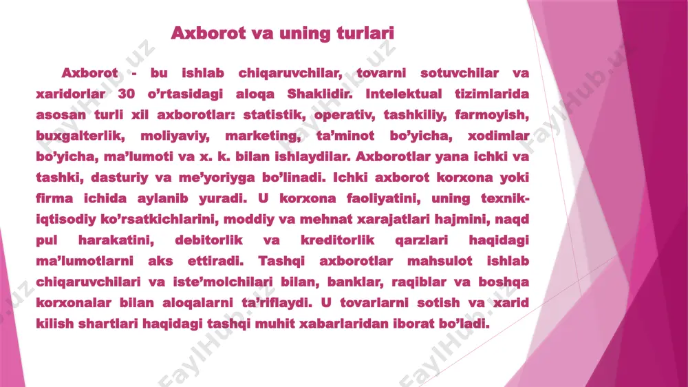 i; -axborot foydalanuvchilar uchun korxona faoliyati yuzasidan tahlil natijalaridan foydalanishning maksimal ochiqligi. tashqi moliyaviy tahlilning asosiy jihatlari moliyaviy hisobot ma’lumotlari asosida korxona aktivlari, o‘z sarmoyasi va majburiyatlarining o‘zgarishiga, to‘lov layoqati va likvidlilik darajasiga, moliyaviy holati va barqarorligi, bozor va ish aktivligiga, moliyaviy va iqtisodiy salohiyatiga, iqtisodiy mustahkamligi va nochorligiga, foyda va rentabellik darajasiga, pul oqimi va xususiy kapitalning o‘zgarishlariga, korxonaning iqtisodiy reytingini aniqlashga qaratiladi. ichki moliyaviy tahlil va uning o‘ziga xos xususiyatlari. ichki moliyaviy tahlil-korxonaning ichki bo‘limlari, xodimlari tomonidan o‘tkazilib o‘rganiladigan masalalarning ko‘lami bilan tashqi moliyaviy tahlildan farq qiladi. ichki moliyaviy tahlilning axborotlar bazasi va o‘rganiladigan masalalarning ko‘lami tashqi moliyaviy tahlilga nisbatan keng hisoblanadi. uning axborotlar bazasiga faqat chop etiladigan moliyaviy hisobotlarnigina emas‚ balki moliyaviy hisobning barcha manbalaridan va hisobdan tashqari manbalarini ham kiritish mumkin. o‘rganiladigan masalalar ko‘lamini boshqaruvchilar va tahlilchilarning qiziqishlari doirasidani kelib chiqib belgilash mumkin. ushbu tahlil turining o‘ziga xos xususiyatlarini quyidagi jihatlar bilan izohlash mumkin. ichki moliyaviy …