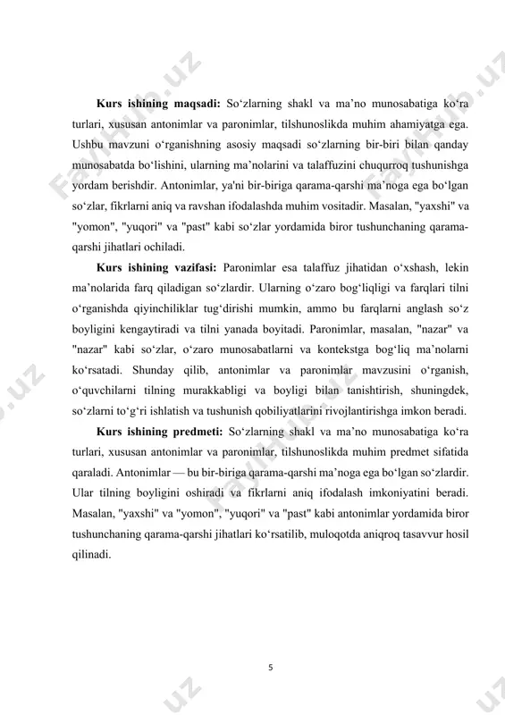 da” (joy holati) va hokazo. shuningdek, so‘zlarning shakl o‘zgarishi fe’l va otlarni turli grammatik shakllarga o‘zgartirishda ko‘rinadi. fe’lning turli zamonlari, shaxslar, ko‘plik va yakka holatlarida, masalan, “yazdi”, “yazaman”, “yazdilar” kabi shakllar mavjud. so‘zning morfologik shakllanishi tilning grammatik tizimini tashkil etuvchi elementlar bo‘lib, ularning o‘zgarishi tilni anglashni osonlashtiradi. so‘zlarning ma’no o‘zgarishi esa semantik o‘zgarishlarga olib keladi. so‘zlar turli davrlar, madaniy kontekstlar va ijtimoiy sharoitlarga qarab yangi ma’nolarni olishadi. so‘zlarning ma’no o‘zgarishi to‘g‘risida gapirganda, biz so‘zlarning semantik kengayishi yoki torayishi haqida ham so‘z yuritamiz. semantik kengayish so‘zning bir nechta yangi ma’nolarni olishidir. masalan, “yurt” so‘zi avval faqat muayyan hududni anglatgan bo‘lsa, keyinchalik u vatan, xalq, millat kabi keng ma’nolarni ifodalovchi so‘zga aylangan. shuningdek, “bosh” so‘zi nafaqat tana a’zosini, balki rahbarlik, boshqaruv, boshqaruvchi sifatida ham ishlatiladi. so‘zlarning ma’no torayishi esa, aksincha, so‘zning eski ma’nolaridan birortasining yo‘qolishi yoki kamayishidir. misol uchun, “o‘rtoq” so‘zi ilgari do‘st, hamkor ma’nosida ishlatilgan bo‘lsa, hozirda u ko‘proq tashkilot a’zosi …