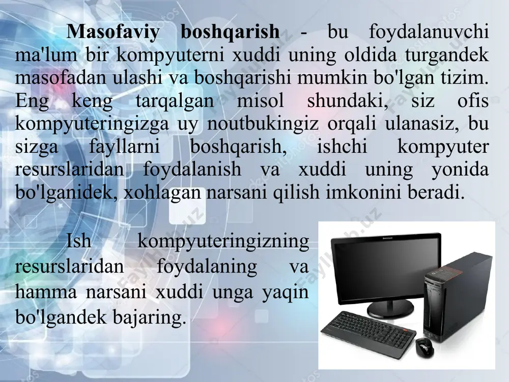 gi nuqtaga o'xshash, bu erda tizim masofaviy kompyuterlar barqaror va tez internetga ulangan holda mukammal ishlaydi. agar u yo'qolsa, tizim ushbu kompyuterlar uchun mavjud bo'lmaydi. ishlashning pasayishi - maqsadli kompyuterning kuchiga va ulangan kompyuterlar soniga qarab, unumdorlikning pasayishi va shovqin paydo bo'lishi mumkin. bilim - masofaviy kirish tizimi ma'muri mavzuni yaxshi bilishi va oddiy ish kunida muammolar yuzaga kelganda mavjud bo'lishi kerak. kerakli yordam bo'lmasa, tizim ishlamay qolsa, oqibatlari dahshatli bo'lishi mumkin. kamchiliklarga jamoaning, ya'ni ijtimoiy muhitning yo'qligi kiradi. masofaviy ish bilan ta'minlangan ish beruvchi uchun asosiy afzallik - bu ofis maydonini ijaraga olish xarajatlarini tejash. kamchiliklarga xodimlarni kuzatish va boshqarish qiyinligi kiradi. xodimning ish bilan ta'minlanishning uzoq tabiatidagi afzalliklari aniq: ish jarayonini o'z xohishiga ko'ra tashkil qilish qobiliyati, yanada moslashuvchan ish tartibi, har kuni ishga borish va qaytish uchun vaqt va pul sarflashning hojati yo'q. ushbu bandlik an'anaviy ish topish qiyin bo'lgan fuqarolar toifalari uchun javob beradi: nogironlar, nafaqaxo'rlar, …