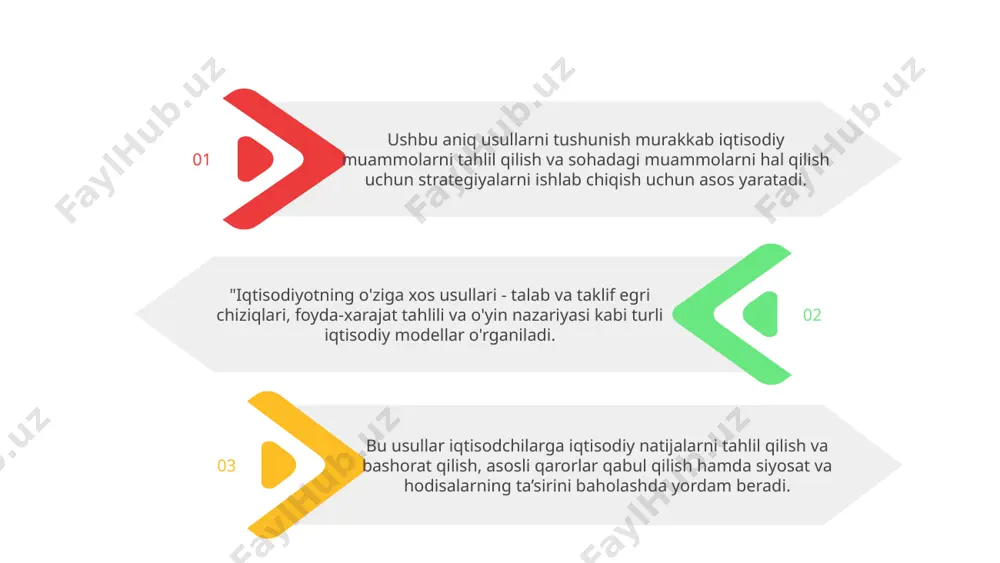 i o'rtasidagi o'zaro bog'liqlikni o'rganadi, tovarlar va xizmatlar oqimini kuzatadi. 01 haqiqiy variantlar tahlili qaror qabul qilishda moslashuvchanlik qiymatini, o'zgaruvchan sharoitlarga moslashish qobiliyatini hisobga oladi. ushbu va boshqa ixtisoslashtirilgan usullar iqtisodchilarga iqtisodiy hodisalarni tushunish uchun turli xil vositalar to'plamini taqdim etadi. 3 iqtisodiyotning o'ziga xos usullariga odamlar va firmalarning xatti-harakatlariga e'tibor qaratuvchi mikroiqtisodiyot va iqtisodiyotning umumiy ko'rsatkichlarini tekshiradigan makroiqtisodiyot kiradi. 2 yana bir muhim usul bu ekonometrika bo‘lib, u statistik tahlil va matematik modellardan iqtisodiy nazariyalarni sinab ko‘rish va bashorat qilish uchun foydalanadi. o'yin nazariyasi, shuningdek, strategik qarorlar qabul qilishni tushunish uchun qimmatli vositadir. 1 va nihoyat, xulq-atvor iqtisodiyoti iqtisodiy tahlilga psixologik tushunchalarni o'z ichiga oladi, kognitiv tarafkashliklar va his-tuyg'ular iqtisodiy qarorlar qabul qilish va bozor natijalariga qanday ta'sir qilishini o'rganadi. biz iqtisodiyotning o'ziga xos usullarini muhokama qilamiz. bu usullarga miqdoriy tahlil, sifatli tadqiqot, eksperimental loyihalash va ekonometrik modellashtirish kiradi. miqdoriy tahlil iqtisodiy ma'lumotlarni tahlil qilish uchun statistik va matematik …