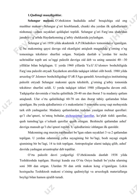 erda ajdodlarimiz o’z makonlarini 5 marotaba uzoq vaqt mobaynida tark etib yashaganlar. madaniy qatlamlardan toshdan yasalgan mehnat qurollari: qo’l cho’qmori, to’mtoq boltalar, pichoqsimon qurollar, ko’plab tishli qurollar, qush tumshug’iga o’xshash qurollar qazib olingan. beshinchi qatlamdan ashel` davriga mansub qo’l cho’qmori topildi. u ajdodlarimiz ishlatgan ilk quroldir. makonning eng muxim topilmalari bo’lgan odam suyaklari 3 va 2 qatlamdan topilgan. u yerdan odamning yelka suyagining bir bo’lagi, bosh suyagi engak qismining bir bo’lagi, 14 ta tish topilgan. antropologlar ularni tadqiq qilib, ashel` davrida yashagan arxantroplar deb topdilar. o’rta paleolit davri yodgorligi o’zbekistonda dastlab 1938 yilda teshiktoshda topilgan. hozirgi kunda esa o’rta osiyo hududi bo’yicha ularning soni 300 dan ortgan. ulardan 50 dan ortik makon keng o’rganilgan. lekin hozirgacha teshiktosh makoni o’zining qadimiyligi va arxeologik materiallarga boyligi bilan hamon ajralib turadi. teshiktosh o’zbekistonda keyingi davrlarda must`e davriga oid ko’plab makonlar topib tadqiq qilingan. faqatgina toshkent voxasining o’zidan 30dan ortiq yodgorlik topilgan. zarafshon voxasi …