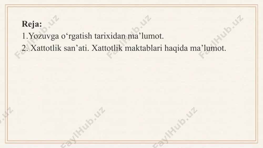a qarab, alfavit tartibida katta-katta qilib yozish “sarxat” deb atalib, ba’zan sarxat yozish bir-ikki yilga cho‘zilgan. sarxat yozishga o‘rgatilganidan so‘ng “murakkabot”, ya’ni harflarni bir-biriga qo‘shib yozib o‘rgatilgan. murakkabotdan keyin “muqattaot” mashqi, ya’ni bayt va ruboiylar ko‘chirib yozish o‘rgatilgan. eski maktabda muqattaotga juda ko‘p vaqt sarf qilingan. bolalar duoi salomni yozishni bilsalar, ularning xat-savodi chiqqan hisoblangan. eski maktabda chiroyli yozuvga alohida ahamiyat berilgan, ammo husnixat mashg‘ulotlari uchun zarur bo‘lgan qoidalar yuzaki tushuntirilgan. chiroliy yozuvga o‘rgatish vaqtida faqat qalamni qanday ushlash qoidalarigina eslatilgan. qalam bilan bir marta yozilgandan so‘ng uning ustida qayta yozishga yo‘l qo‘yilmagan, bu yozuv qoidalarini saqlashdagi birdan-bir usul bo‘lgan. bolaga yuqoridagiga o‘xshash ayrim yo‘l-yo‘riqlar ko‘rsatilgani bilan ularning ko‘zi bilan qog‘oz orasidagi masofaning to‘g‘ri saqlanishiga e’tibor berilmagan. xatto yozish vaqtida nafas olish ham taqiqlangan. 1948- yilda v. a. saglin tomomonidan tuzilgan “boshlang‘ich sinflarda yozuvga o‘rgatish” nomli qo‘llanmada i, ii, iii, iv sinflarda husnixatga o‘rgatishning maqsad va usullari bayon etiladi. bu …