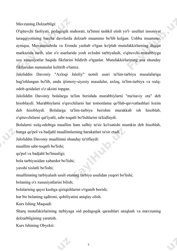 , shaxs ma'naviy kamoloti masalalariga bag'ishlangan ilmiy tadqiqotlarning pedagog fani rivojida muhim o'rni bor. lekin ular allomalar merosida olg'a surilgan ta'limtarbiya masalalarini yreitishda milliylik tamoyilidan kelib chiqqan holda yondashmadilar. aslida markaziy osiyo allomalarining ta'lim-tarbiyaga oid qarashlarida ma'naviy qadriyatlarga bo'lgan e'tibor asosiy o'rinda turadiki, bu bevosita inson kamolotini shakllantirishga omil bo'la oladigan hodisadir. ta'lim-tarbiya haqidagi ta'limotini o'rganishda insm xislatlzi to'g'risidagi falsafiy fikrlari nihoyat muhim ahamiya kasb etadi. forobiy o'zining falsafiy qarashlarida odamning tuzilishini, ruhiyatini, madaniy va ma'naviv olamini o'rganishga ahamiyat beradi. uning ta'limotida, inson barcha boshqa jismlarda bo'lmagan qobilivat va kuchga, ruhiy quvvatga, aql va so'zlash qobiliyatga egaligi bu kuch uni tabiatdagi boshqa jismlardan ajratib turishi va uning ustidan hokim bo'lish imkoniyatini berganligi namoyon bo'ladi. somoniylar davrida (x asr) faqat samarqandning o'zida 20 ga yaqin madrasalar mavjud bo'lgan. abu ali ibn sino (980-1037) o'zining «donishnoma» («bilimlar kitobi») nomli asarida mazkur madrasalarda faqat musulmonchilikka oid bilimlar berilibgina qolmay, balki dunyoviy ilmlar ham …