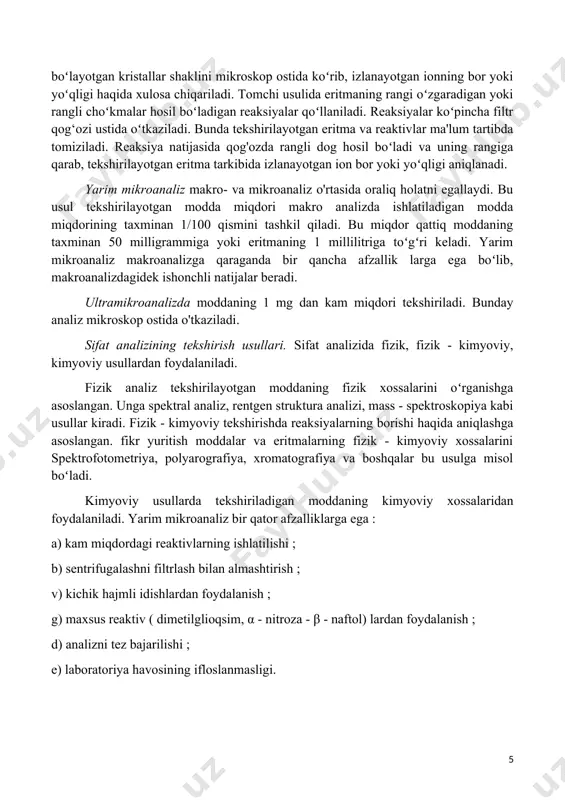 alizining tekshirish usullari. sifat analizida fizik, fizik - kimyoviy, kimyoviy usullardan foydalaniladi. fizik analiz tekshirilayotgan moddaning fizik xossalarini oʻrganishga asoslangan. unga spektral analiz, rentgen struktura analizi, mass - spektroskopiya kabi usullar kiradi. fizik - kimyoviy tekshirishda reaksiyalarning borishi haqida aniqlashga asoslangan. fikr yuritish moddalar va eritmalarning fizik - kimyoviy xossalarini spektrofotometriya, polyarografiya, xromatografiya va boshqalar bu usulga misol boʻladi. kimyoviy usullarda tekshiriladigan moddaning kimyoviy xossalaridan foydalaniladi. yarim mikroanaliz bir qator afzalliklarga ega : a) kam miqdordagi reaktivlarning ishlatilishi ; b) sentrifugalashni filtrlash bilan almashtirish ; v) kichik hajmli idishlardan foydalanish ; g) maxsus reaktiv ( dimetilglioqsim, α - nitroza - β - naftol) lardan foydalanish ; d) analizni tez bajarilishi ; e) laboratoriya havosining ifloslanmasligi. 1.2. analitik reaksiyalarning bajarilish usullari analitik reaksiya " quruq " va " hoʻl ” usullar bilan o'tkazilishi mumkin. quruq usulda tekshiriladigan modda va reaktivlar qattiq holatda olinadi va reaksiya qizdirish yo'li bilan amalga oshiriladi. masalan …