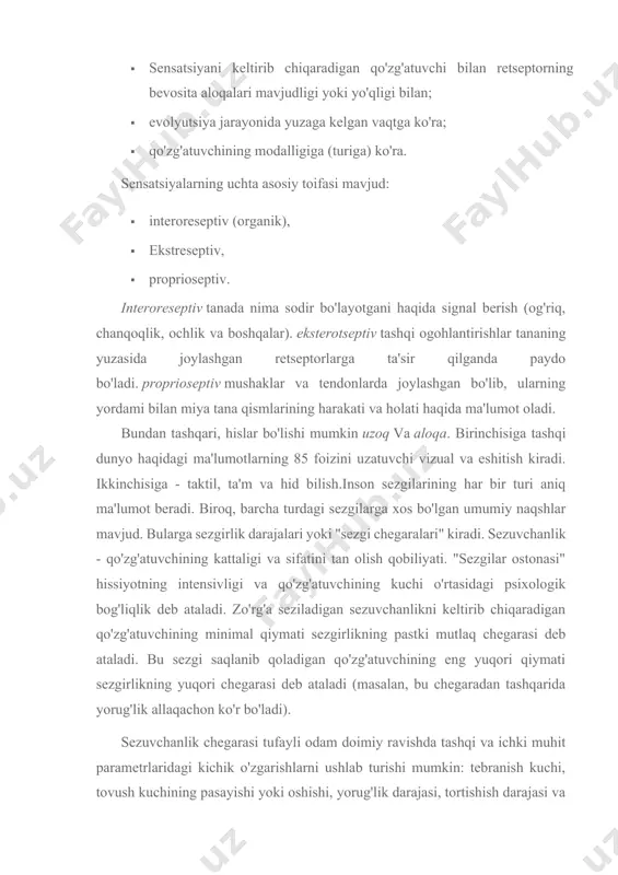 asalan, bu chegaradan tashqarida yorug'lik allaqachon ko'r bo'ladi). sezuvchanlik chegarasi tufayli odam doimiy ravishda tashqi va ichki muhit parametrlaridagi kichik o'zgarishlarni ushlab turishi mumkin: tebranish kuchi, tovush kuchining pasayishi yoki oshishi, yorug'lik darajasi, tortishish darajasi va boshqalar. . har bir shaxs uchun sezgirlik chegaralari. ularning qiymati ko'plab omillarga bog'liq. faoliyatning tabiati, kasbi, motivlari, qiziqishlari, tayyorgarlik darajasi sezgirlikning oshishiga alohida ta'sir ko'rsatadi.inson tomonidan sezilgan faol qo'zg'atuvchining kuchi va tabiatidagi o'zgarishlar differensial chegara yoki "kamsitish ostonasi" deb ataladi. diskriminatsiyaning aniqligi va tezligi maksimal darajaga etgan signal orasidagi farq miqdori operatsion chegara deb ataladi. sezgilarning operatsion chegarasi differentsialdan 10-15 baravar yuqori.shuningdek, ajrating vaqt chegarasi sezishning paydo bo'lishi uchun zarur bo'lgan qo'zg'atuvchining davomiyligi va ta'sirining o'lchovidir. yashirin chegara- reaksiya davri, signal berilgan paytdan boshlab hissiyot paydo bo'lgunga qadar bo'lgan vaqt uzunligi. tuyg'u yanada murakkab psixologik jarayonni anglatadi - idrok. idrok - bu ob'ektiv olamning ob'ektlari va hodisalarining ma'lum bir vaqtda sezgilarga bevosita ta'siri bilan …