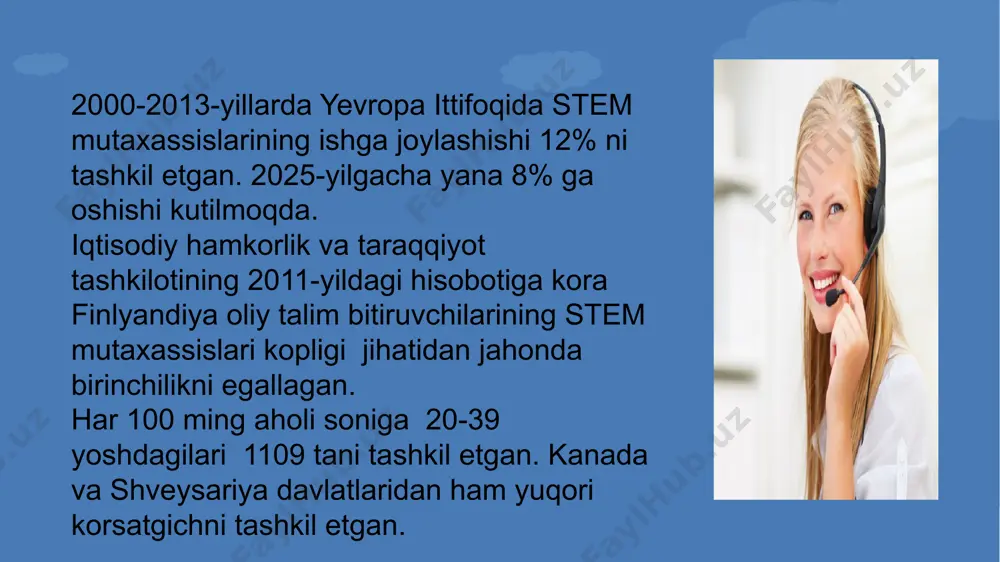 rib korish, loyihalashtirishga yonaltirilgan ijodkorligini tarbiyalash, yangiliklar yaratishga bolgan qiziqishlarini rivojlantirishga qaratilgan. tabiiy va aniq fanlaridan talim berishda avval ham konstruksiyalashtirish, dasturlash masalalarida oquvchilar bilan maktabda va maktabdan tashqari talimda samolyotsozlik, yosh texnik yonalishlaridagi ishlar tashkil qilingan. mehnat talimi darslarida turli kasblar bilan tanishtirilib, ayrim yonalishlar boyicha zarur konikmalar shakllantirilgan bolsa, hozirda insonlar mehnatini yengillashtirishga qaratilgan turli texnika asboblari va uskunalarning takomillashib borayotganligi misol qilish mumkin. 8 steam talimining afzalliklari. 1. talim berishni oquv fanlari boyicha emas, balki mavzular boyicha integratsiyalab olib borish. stem talimida fanlararo aloqa va loyihalash metodi birlashtirilgan bolib, uning asosida tabiiy fanlarni texnologiyaga, muhandislik ijodiyotga va matematikaga integratsiya qilish yotadi. bunda muhandislik bilan bogliq kasblarga bolgan tayyorgarlik amalga oshiriladi. 2. ilmiy-texnik bilimlarni real hayotda qollash. stem talimida amaliy mashgulotlar yordamida bolalarga ilmiytexnik bilimlaridan real hayotda foydalanish namoyish qilinadi. har bir darsda oquvchilar zamonaviy industriya modellarini ishlab chiqadi, quradi, va modelini rivojlantiradi. ular aniq loyihani organadi, natijada …