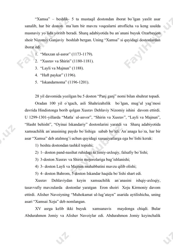 n” asarida aytilishicha, uning asari “xamsai xoju” deb nomlangan. xv asrga kelib ikki buyuk xamsanavis maydonga chiqdi. bular abdurahmon jomiy va alisher navoiylar edi. abdurahmon jomiy keyinchalik “xamsa” siga yana ikkita doston qo`shib, uni “haft avrang” (“yotish taxt”) deb ataladi: 1. “silsilat uz-zahhob” (“oltin silsila”) 2. “solomon va absol” 3. “tuhfat ul-ahror” (“hurlar tuhfasi”) 4. “sahat ul-abror” (“poklar tasbehi”) 5. “yusuf va zulayho” 6. “layli va majnun” 7. “xiradnomai iskandariy” alisher navoiy “xamsa”si xv asrdagi xalqimiz ma`naviy taraqqiyotining ko`zgusi bo`lib, unda o`sha davr ijtimoiy turmushi, xalq hayoti, urf-odatlari, din-diyonat, axloq-odob haqidagi qarashlar o`z aksini topgan. navoiyning “xamsa” si boshqalardan farqli ravishda turkiy tilda yozildi, nafaqat o`zbek, balki umumturkiy adabiyotning ham yuksak cho`qqisi bo`lib qoldi. turkiy adabiyotda qutb va haydar xorazmiylar boshlab bergan xamsachilik an`anasi navoiy ijodida o`z takomilini topdi. navoiy “xamsa” sining yaratilishi xv asrda xuroson eli uchun favqulodda shodumonlik va saodat sifatida qabul qilindi. abdurahmon jomiy va husayn boyqaroning …