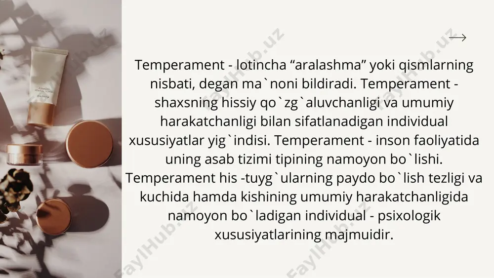 qo’zg’alishi va uzoq davom etmasligi bilan farq qiladi. flegmatik temperamentli kishilar hissiyotlarining tashqi ifodasi kuchsiz bo’ladi. bu hil temperamentli odam larni xursand qilish, xafa qilish yoki g’azablantirish ancha qiyin.