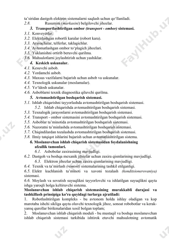 bajaruvchi, o‘zgarmas dasturga ega bo‘lgan, ishchi organ bilan ta’minlangan bo‘ladi. 1.3. sanoat robotlari - qo‘zgalmas va qo‘zgaluvchi avtomatik ma’romida ishlovchi mashina - manipulyator ko‘rinishda bo‘lib, (zagotovkalarni dastgohlarga yuklash va undan tushirish, zagotovkalarni dastgohdan - dastgohga uzatish, bo‘yoqlash funksiyasini bajarish, payvandlash, yig‘ish va boshqalar) bir necha yo‘nalishda erkin darajada xarakatlanishi dastur boshqariluvchi funksiyaga ega bo‘lgan qurilma hisoblanadi. 1.4. qayta sozlashni ta’minlovchi qurilma - almashtiriluvchi keskichlar kallagi yoki minipulyator bilan keskichlar magazini. 1.5. chiqindilarni tashib chiqaruvchi qurilma-bunga metal qirindilar uchun konveyerlar, kesish zonasidan qirindilarni pnevmatik so‘ruvchilar kiradi. 1.6. nazoratni ta’minlovchi va diagnostika qurilmasi - bunga elektron, pnevmatik, akustik titratkich (vibrakustik) va boshqa jihozlardagi bo‘limlarni holati to‘g‘risida xabar berish uchun va ishlov berilganda o‘lchamlarni nazorat qiluvchi qurilmalar kiradi. 1.7. elektr - apparatlar komplekti - boshqarish dasturining elektron qurulmasi, boshqaruvchi dasturlar banki bilan ehm; elektro ta’minotni to‘g‘irlab beruvchi sistema va boshqalar. 2. maxsus jihozlar. maxsus jixoz kesuvchi jihozlar. 2.1. zagotovka bilan ta’minlovchi (quyuvchi, bolg‘alab …