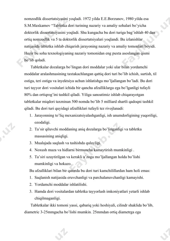 sitalardan tabletka tayyorlash imkoniyatlari yetarli ishlab chiqilmaganligi. tabletkalar ikki tomoni yassi, qabariq yoki hoshiyali, cilindr shaklida bo’lib, diametric 3-25mmgacha bo’lishi mumkin. 25mmdan ortiq diametrga ega bo’lganlari shartli ravishda briket deb yuritiladi. ba’zan tabletkalar qobiqli holda, tarkibida zaxarli modda bo’lgan tabletkalar eosin bilan bo’yalgan bo’ladi. hazirgi vaqtda tibbiyotda turli hil tabletkalar ishlatiladi, jumladan ta’siri uzaytirilgan qayta va ko’p marta ta’sir qiluvchi tabletkalar-“retard” va “durul”lar, qattiq dispers asosli tabletkalar, sublingval, mikrotabletkalar va hokazo. tabletkalarni qabul qilsh usullariga rioya qilinmaganda xar hil nohushliklar kelib chiqadi. shuning uchun ularni qabul qilishni quyidagi usullari tavsiya etiladi: 1. butunligicha qabul qilinadigan tabletkalar. bularga usti qobiqli tabletkalar, kichik massali, nohush hid va mazali tabletkalar, og’iz bo’shlig’ida so’rilib ta’sir qiluvchi, ta’siri uzaytirilganva ma’lum a’zoga ta’sir etishga mo’ljallangan hamda teri ostiga ishlatiladigan tabletkalardir. 2. oldindan maydalab yoki eritib ichiladigan tabletkalar. tabletka tayyorlanadigan mashinalar. tabletka tayyorlanadigan mashinalar ishlash jarayoni bo’yicha ekscentrikli yoki zarb bilan ishlovchi va rotatsion yoki revolver guruhlarga …