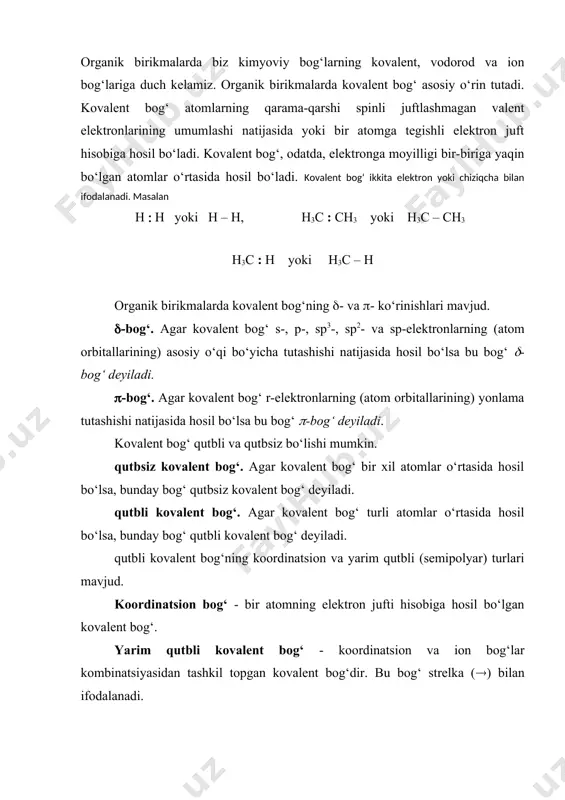 bu bog‘ (-bog‘ deyiladi. kovalent bog‘ qutbli va qutbsiz bo‘lishi mumkin. qutbsiz kovalent bog‘. agar kovalent bog‘ bir xil atomlar o‘rtasida hosil bo‘lsa, bunday bog‘ qutbsiz kovalent bog‘ deyiladi. qutbli kovalent bog‘. agar kovalent bog‘ turli atomlar o‘rtasida hosil bo‘lsa, bunday bog‘ qutbli kovalent bog‘ deyiladi. qutbli kovalent bog‘ning koordinatsion va yarim qutbli (semipolyar) turlari mavjud. koordinatsion bog‘ - bir atomning elektron jufti hisobiga hosil bo‘lgan kovalent bog‘. yarim qutbli kovalent bog‘ - koordinatsion va ion bog‘lar kombinatsiyasidan tashkil topgan kovalent bog‘dir. bu bog‘ strelka (() bilan ifodalanadi. ion bog‘ - bir atomdan ikkinchi atomga bir yoki bir nechta elektronning batamom ko‘chib o‘tishi natijasida ionlarning hosil bo‘lishi va bu qarama-qarshi zaryadli ionlarning elektrostatik tortilishi natijasida hosil bo‘ladigan bog‘dir. ionlanish energiyasi. neytral atomdan bitta elektronni tortib olishga ketgan energiyaga ionlanish energiyasi deyiladi. elektronga moyillik. neytral atomga bitta elektronning birikishi natijasida ajralib chiqqan energiya elektronga moyillik deyiladi. elektromanfiylik – molekuladagi atomning bog‘ …
